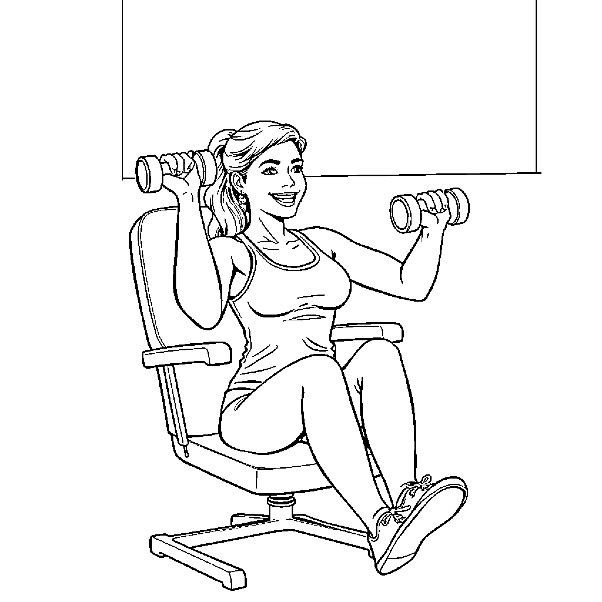 Woman exercising with weights at the gym Coloring Page (free black-and-white line drawing printable PDF for all, from beginners to advanced learners, including children, teens, adults, and seniors)
