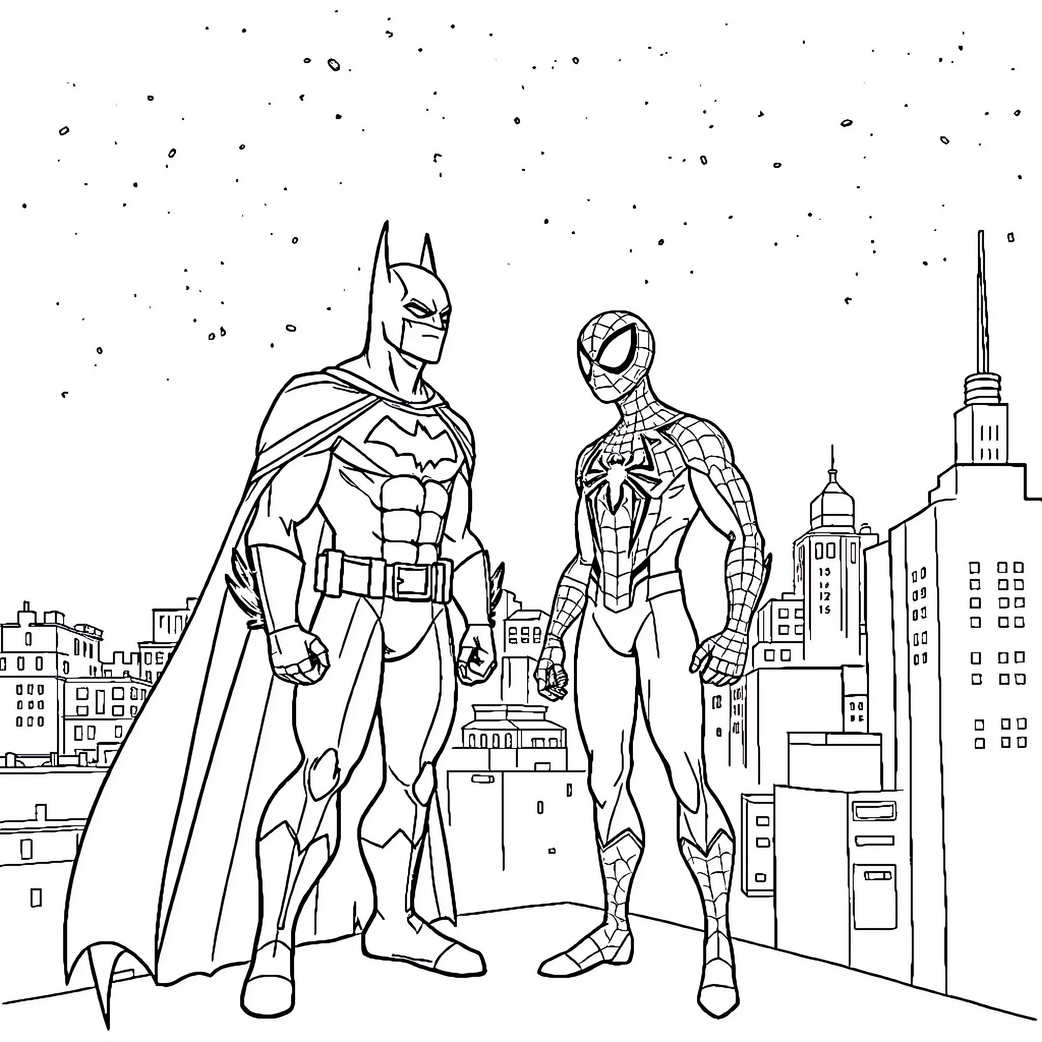 Batman and Spiderman patrolling the city at night Coloring Page (free black-and-white line drawing printable PDF for all, from beginners to advanced learners, including children, teens, adults, and seniors)