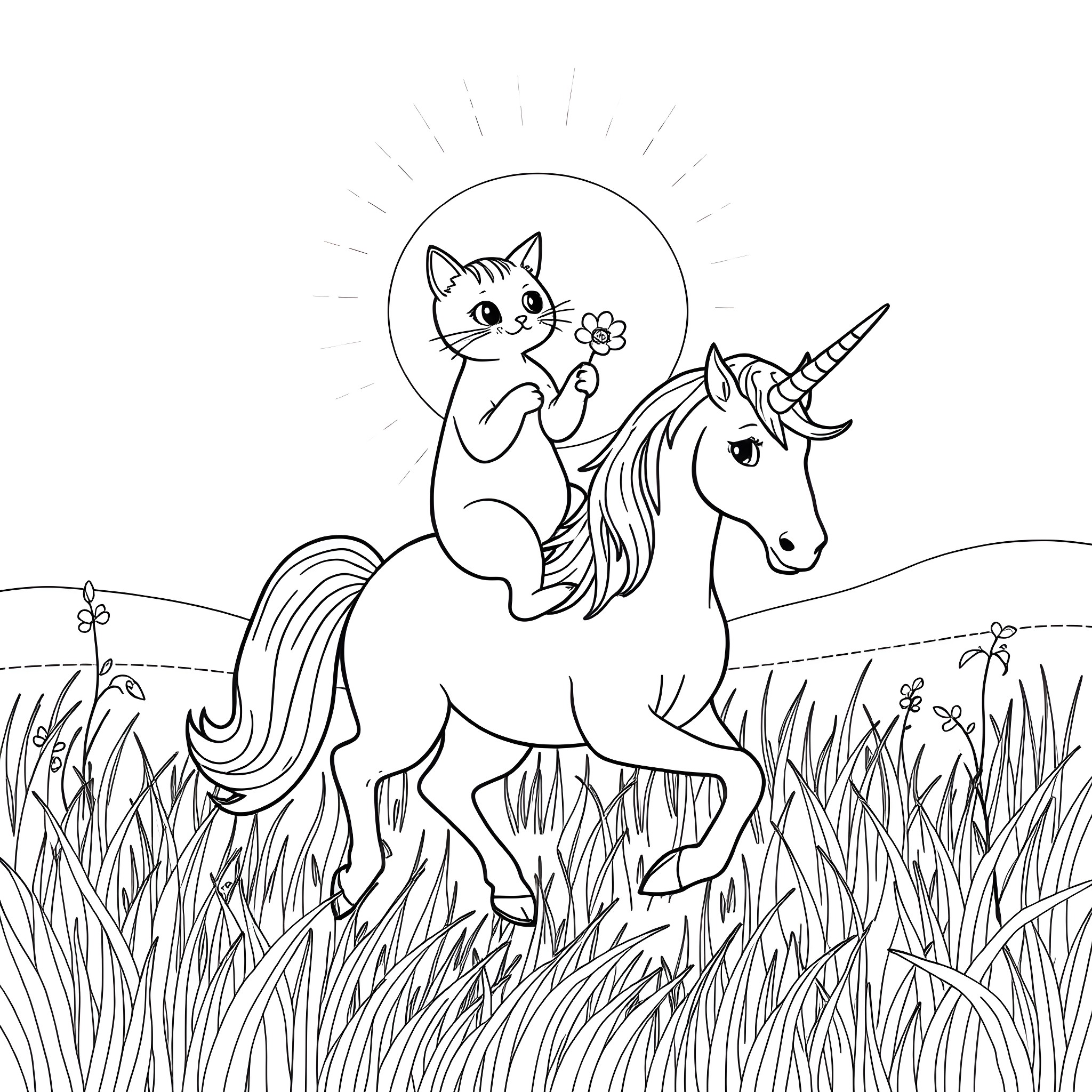 Cat riding a unicorn in a meadow Coloring Page (free black-and-white line drawing printable PDF for all, from beginners to advanced learners, including children, teens, adults, and seniors)