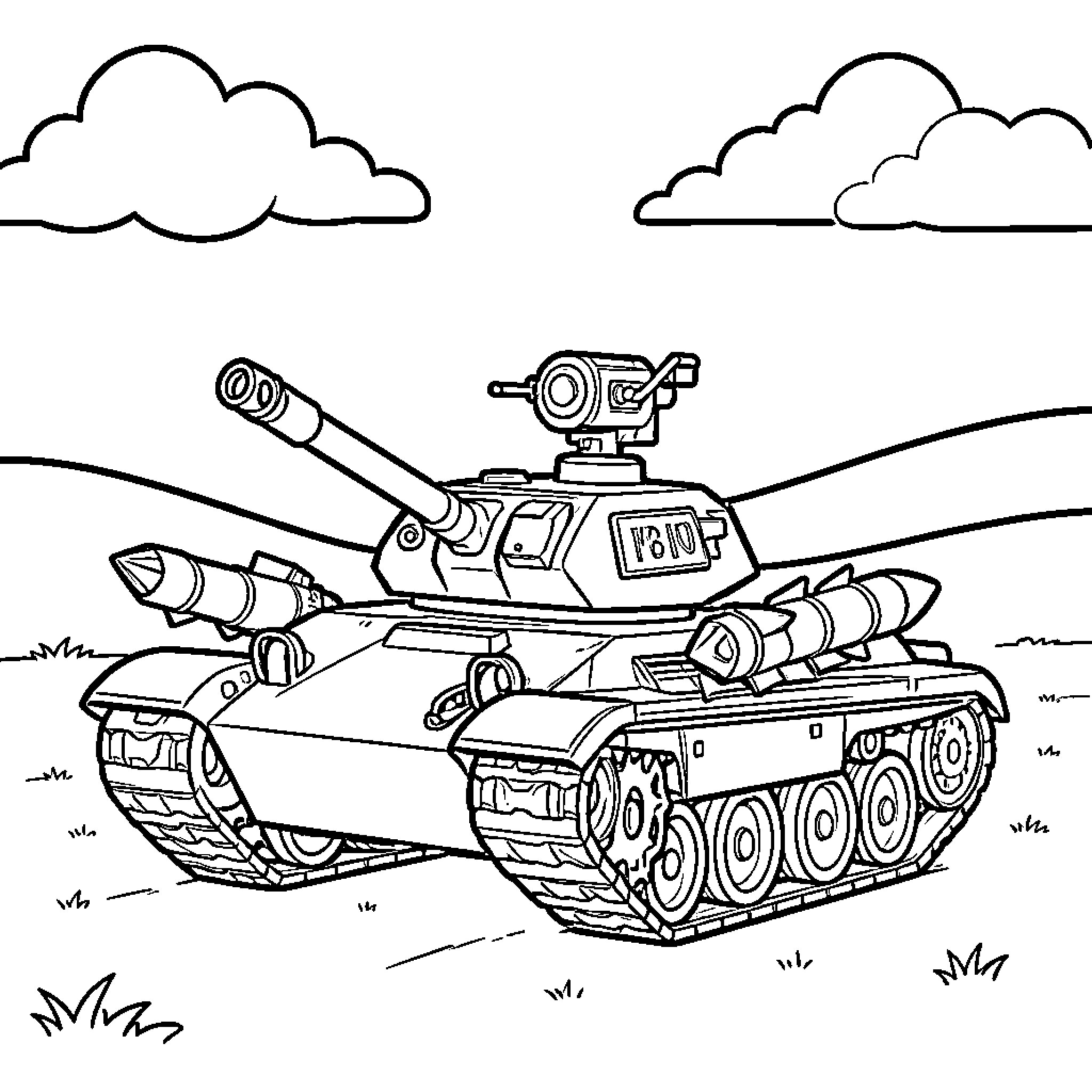 Ripsaw Tank positioned on a grassy field under clouds Coloring Page (free black-and-white line drawing printable PDF for all, from beginners to advanced learners, including children, teens, adults, and seniors)