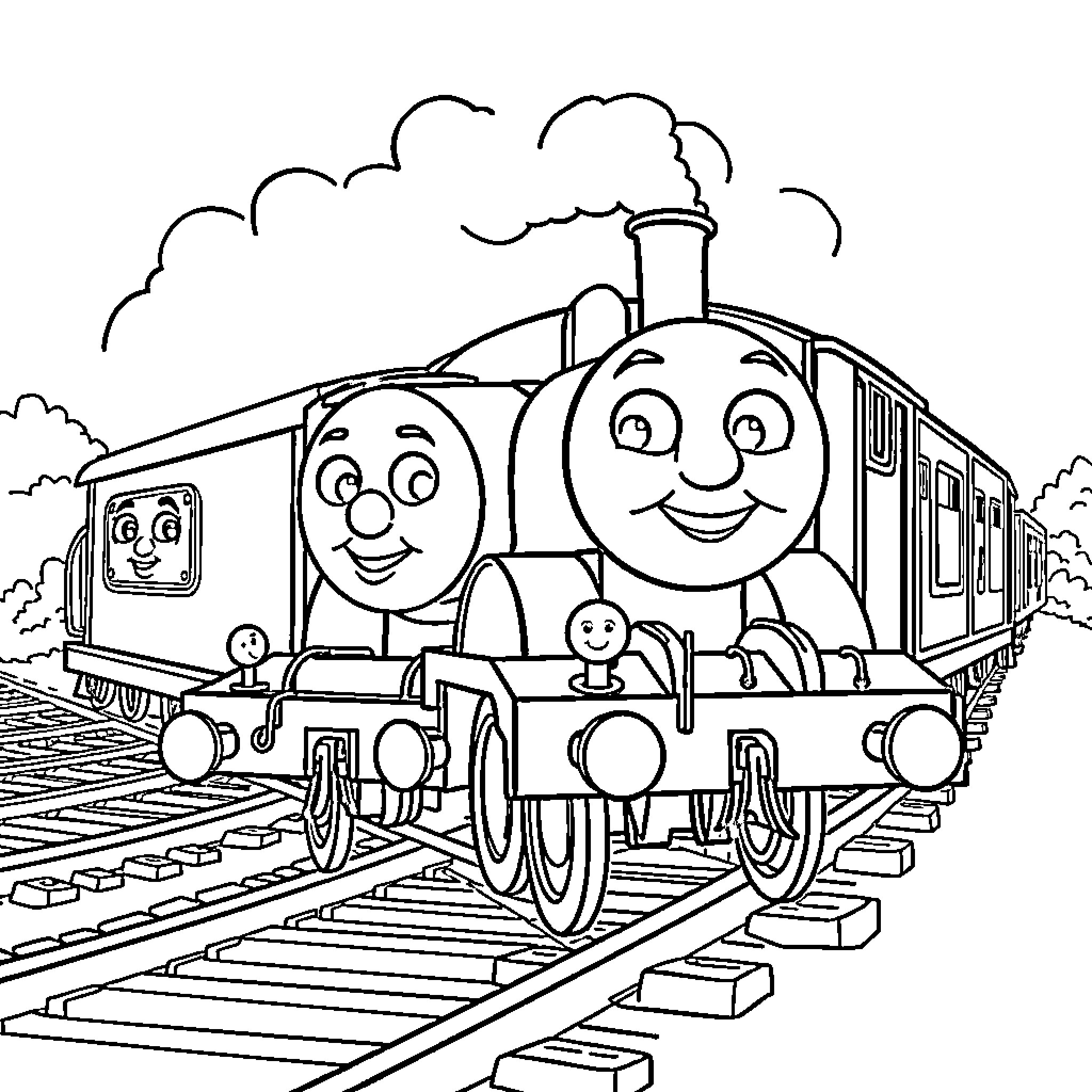 Thomas and Friends Enjoying a Train Ride Coloring Page (free black-and-white line drawing printable PDF for all, from beginners to advanced learners, including children, teens, adults, and seniors)