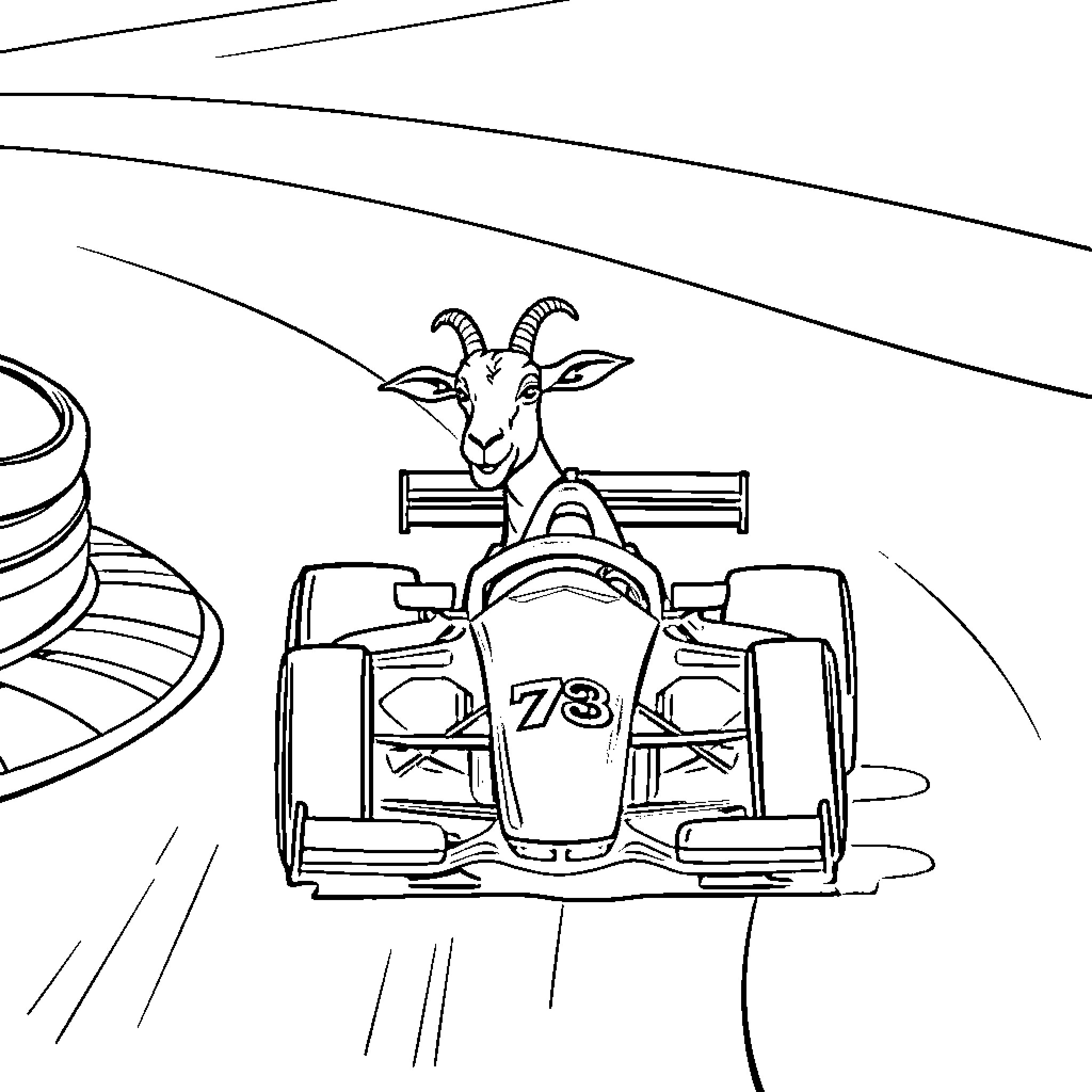 Goat racing a fast Formula car on the track Coloring Page (free black-and-white line drawing printable PDF for all, from beginners to advanced learners, including children, teens, adults, and seniors)