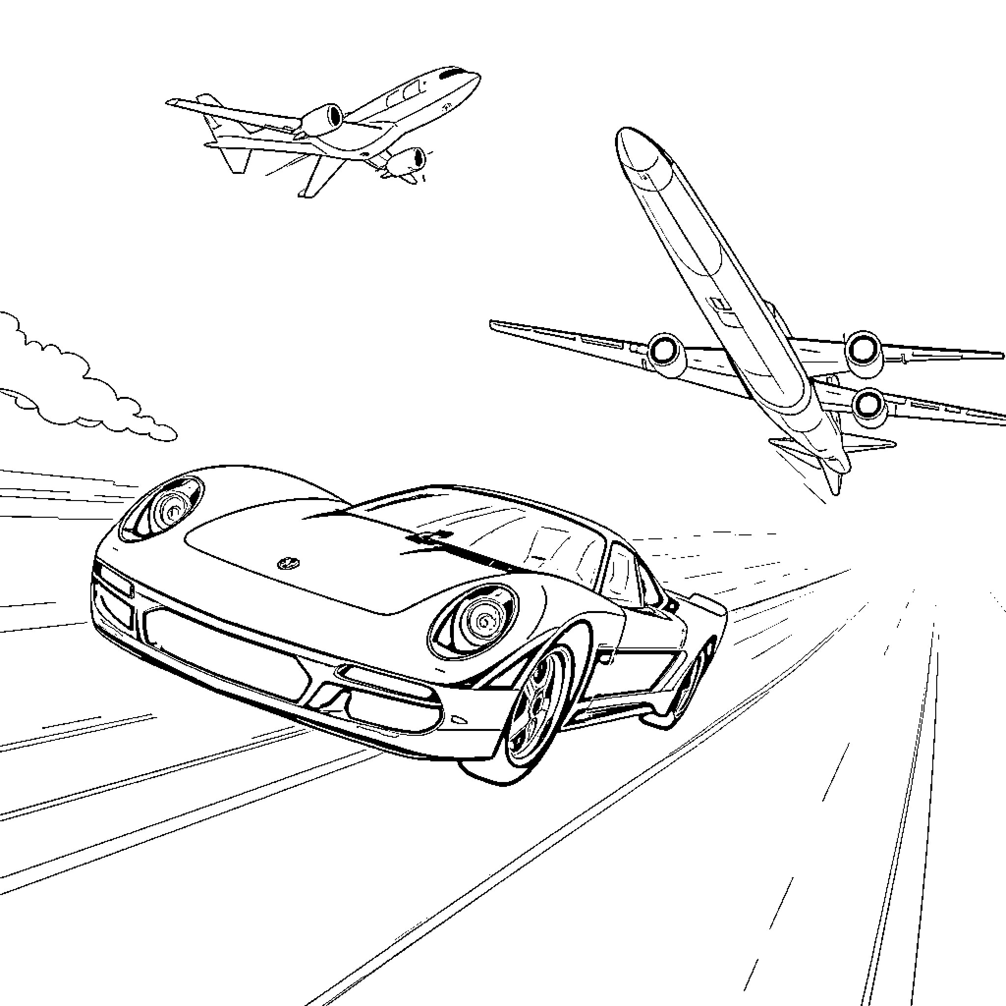 Flying Car races through the sky with jets Coloring Page (free black-and-white line drawing printable PDF for all, from beginners to advanced learners, including children, teens, adults, and seniors)