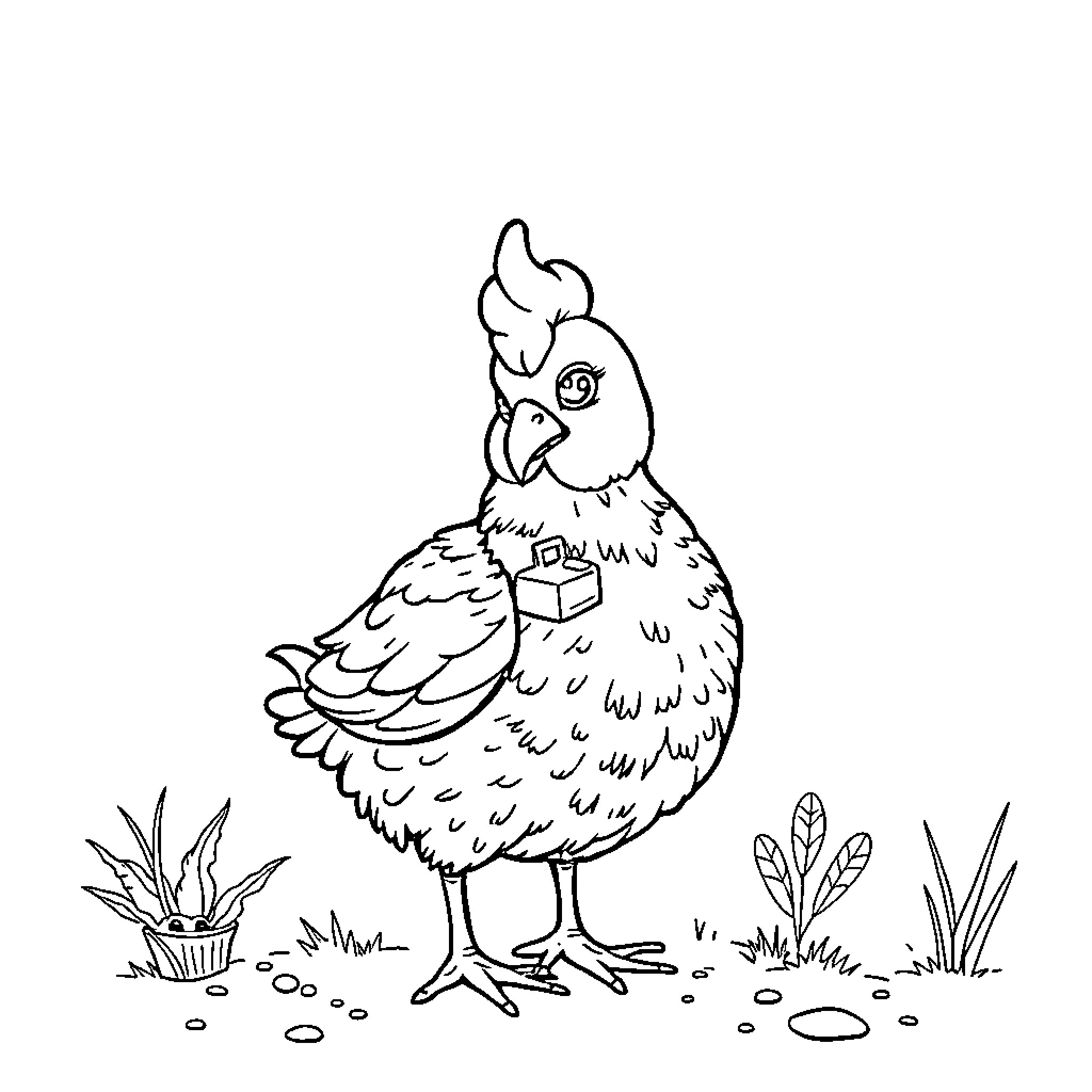 Chicken standing in the garden Coloring Page (free black-and-white line drawing printable PDF for all, from beginners to advanced learners, including children, teens, adults, and seniors)