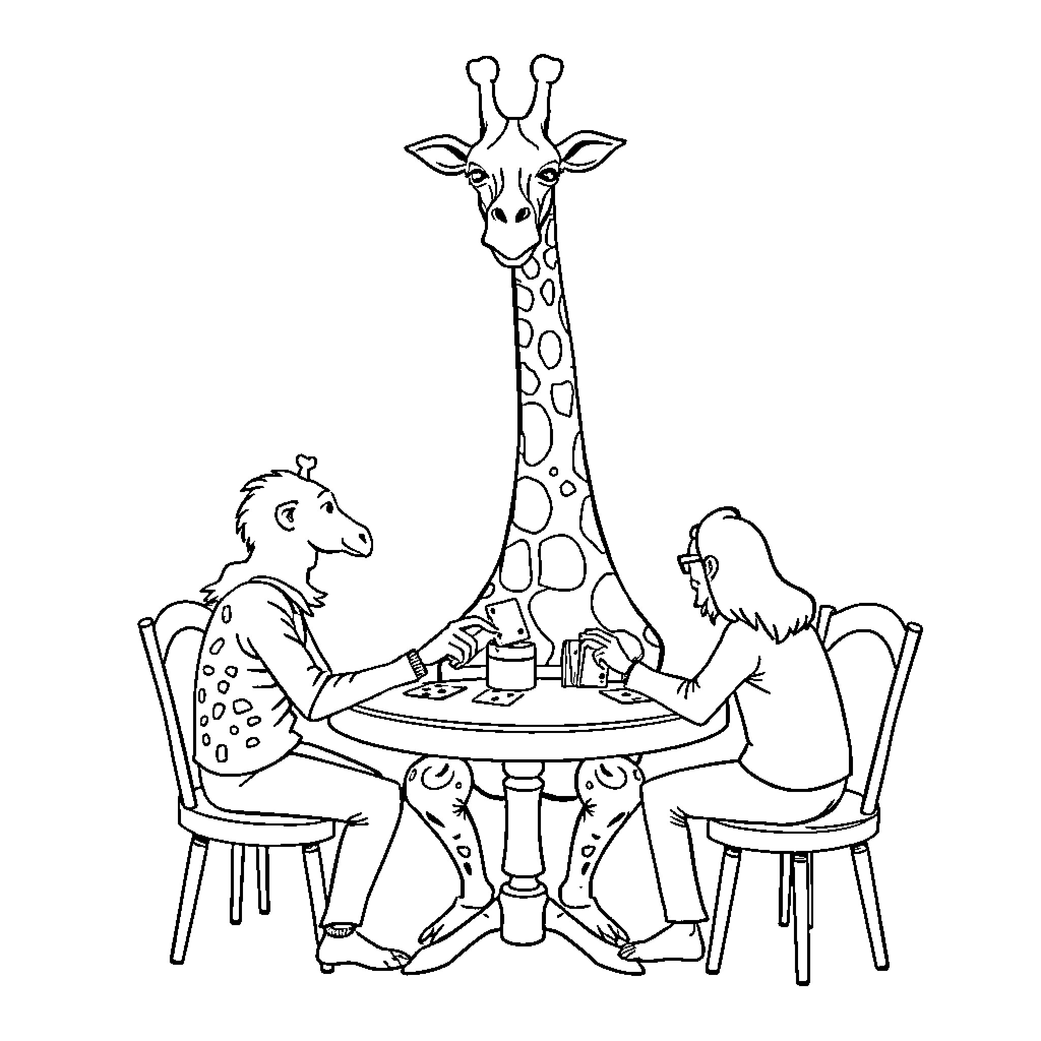 Giraffe and friends having a friendly gathering Coloring Page (free black-and-white line drawing printable PDF for all, from beginners to advanced learners, including children, teens, adults, and seniors)