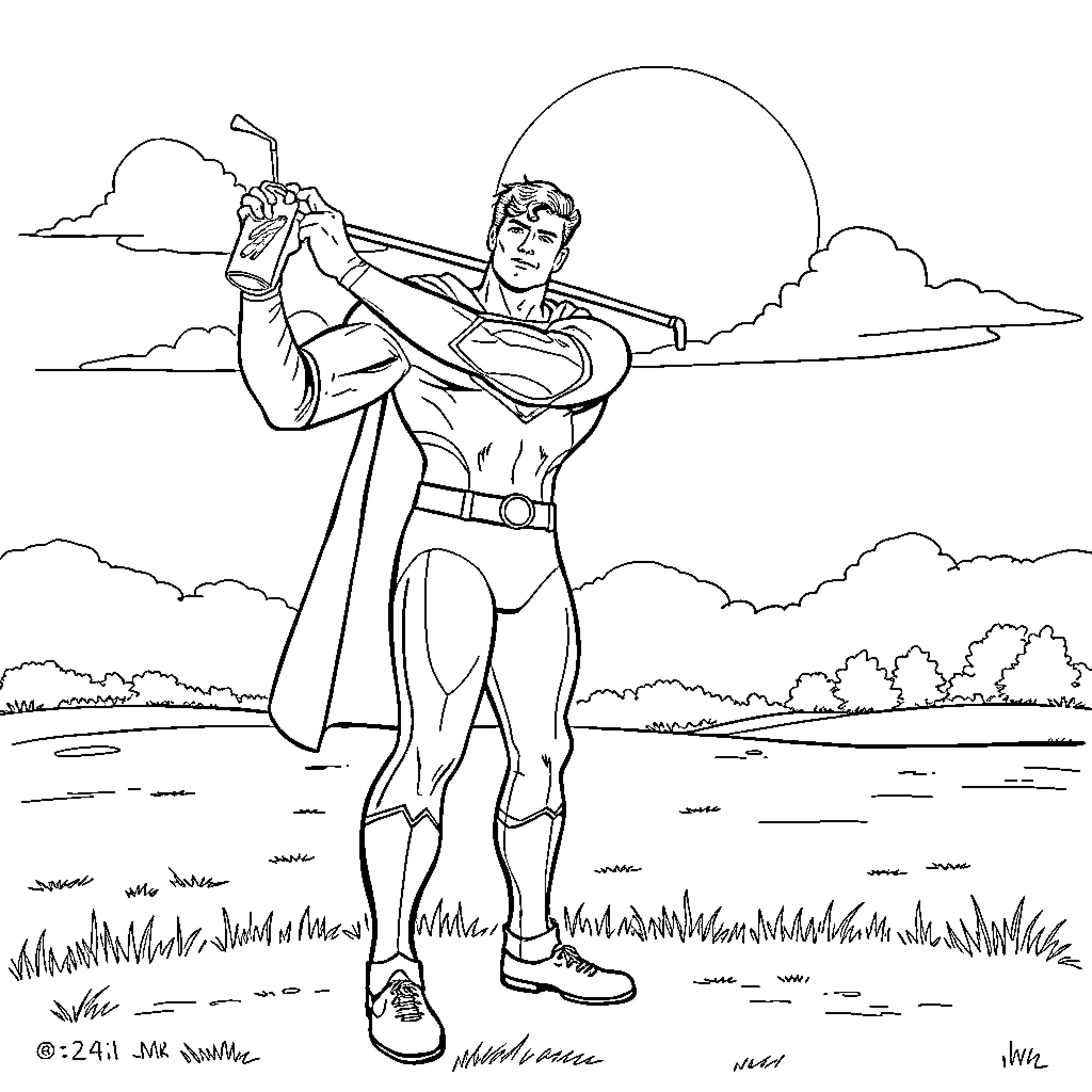 Superman striking a heroic pose in the sky Coloring Page (free black-and-white line drawing printable PDF for all, from beginners to advanced learners, including children, teens, adults, and seniors)