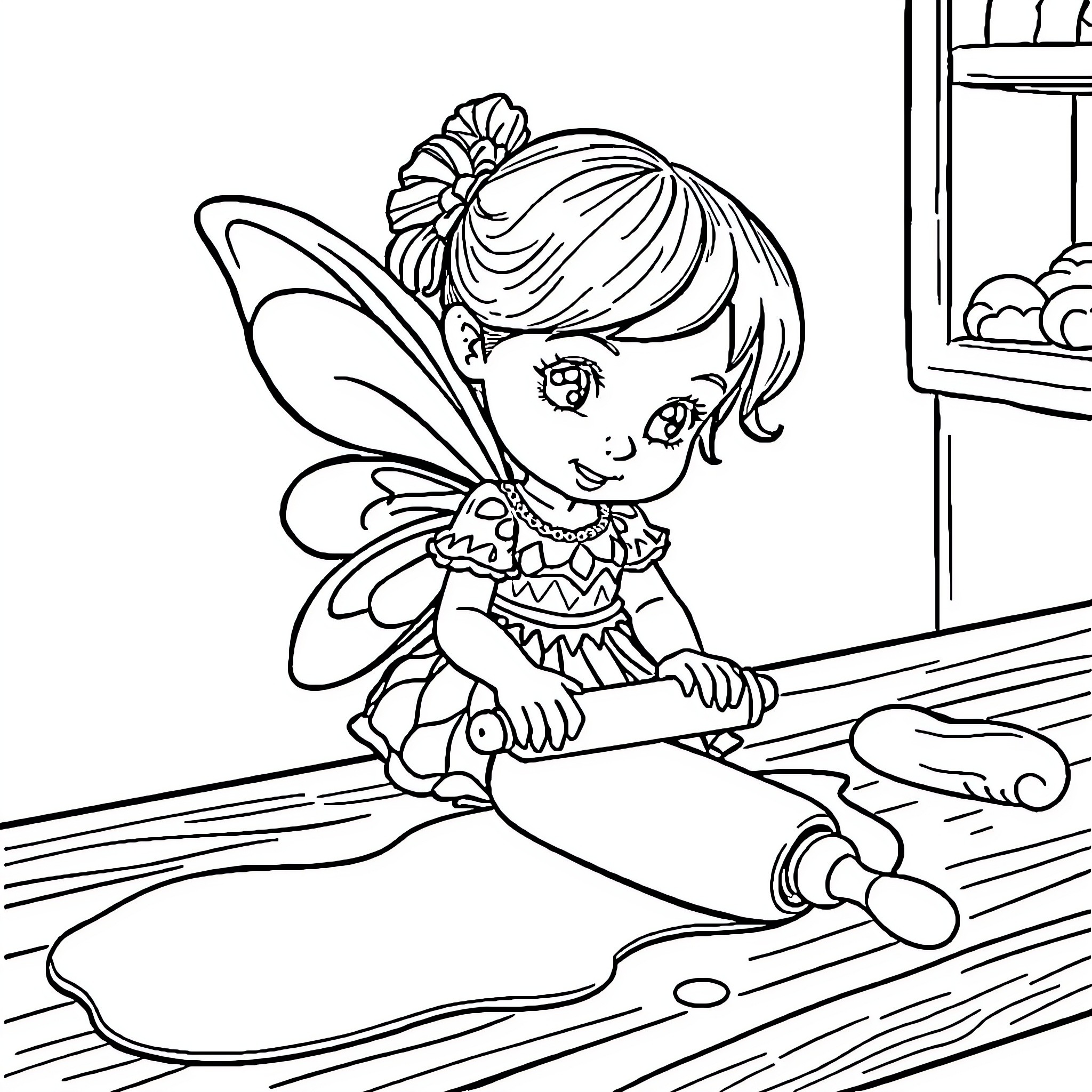 Fairy sweeps the floor with broom Coloring Page (free black-and-white line drawing printable PDF for all, from beginners to advanced learners, including children, teens, adults, and seniors)