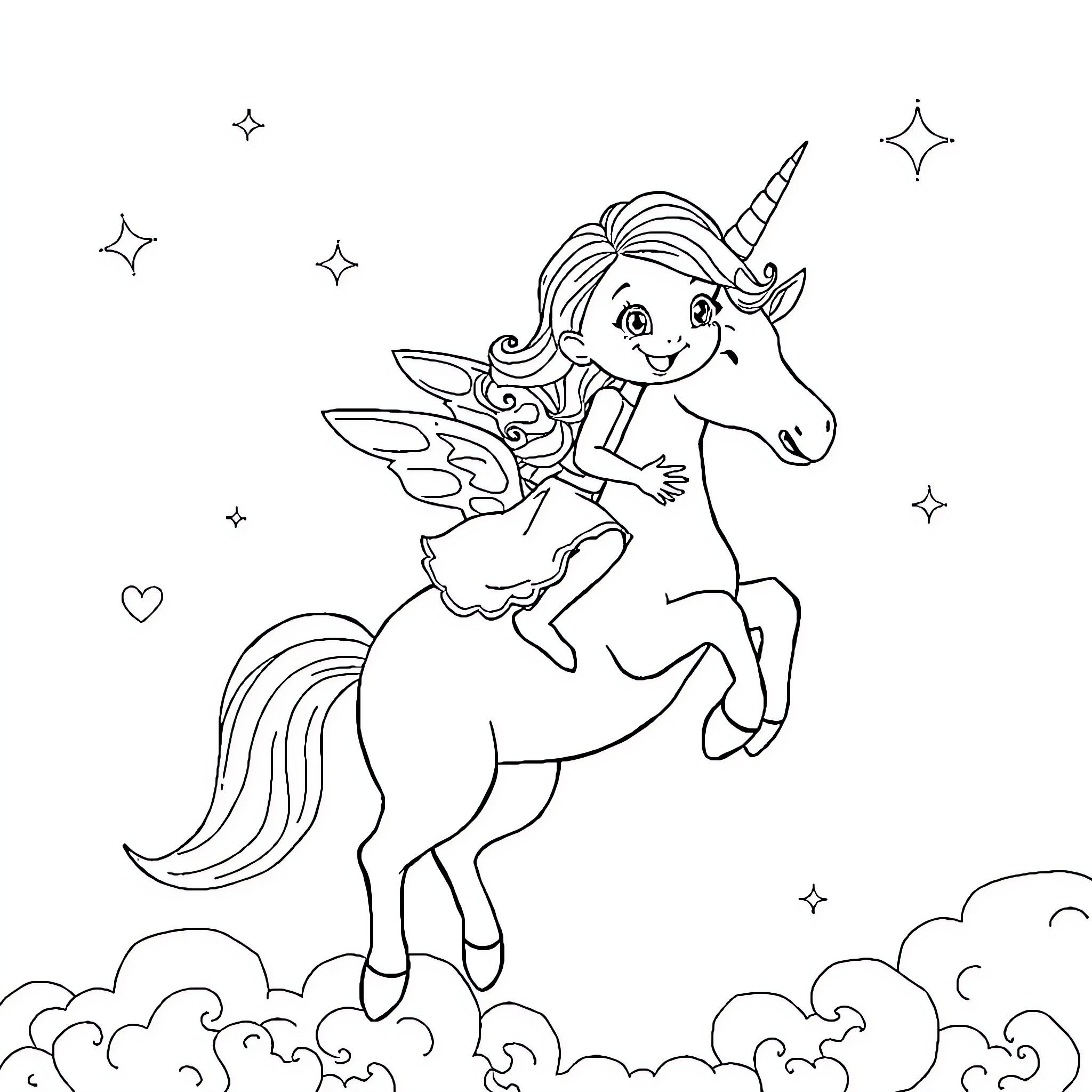 Unicorn fairy riding through the starry night Coloring Page (free black-and-white line drawing printable PDF for all, from beginners to advanced learners, including children, teens, adults, and seniors)