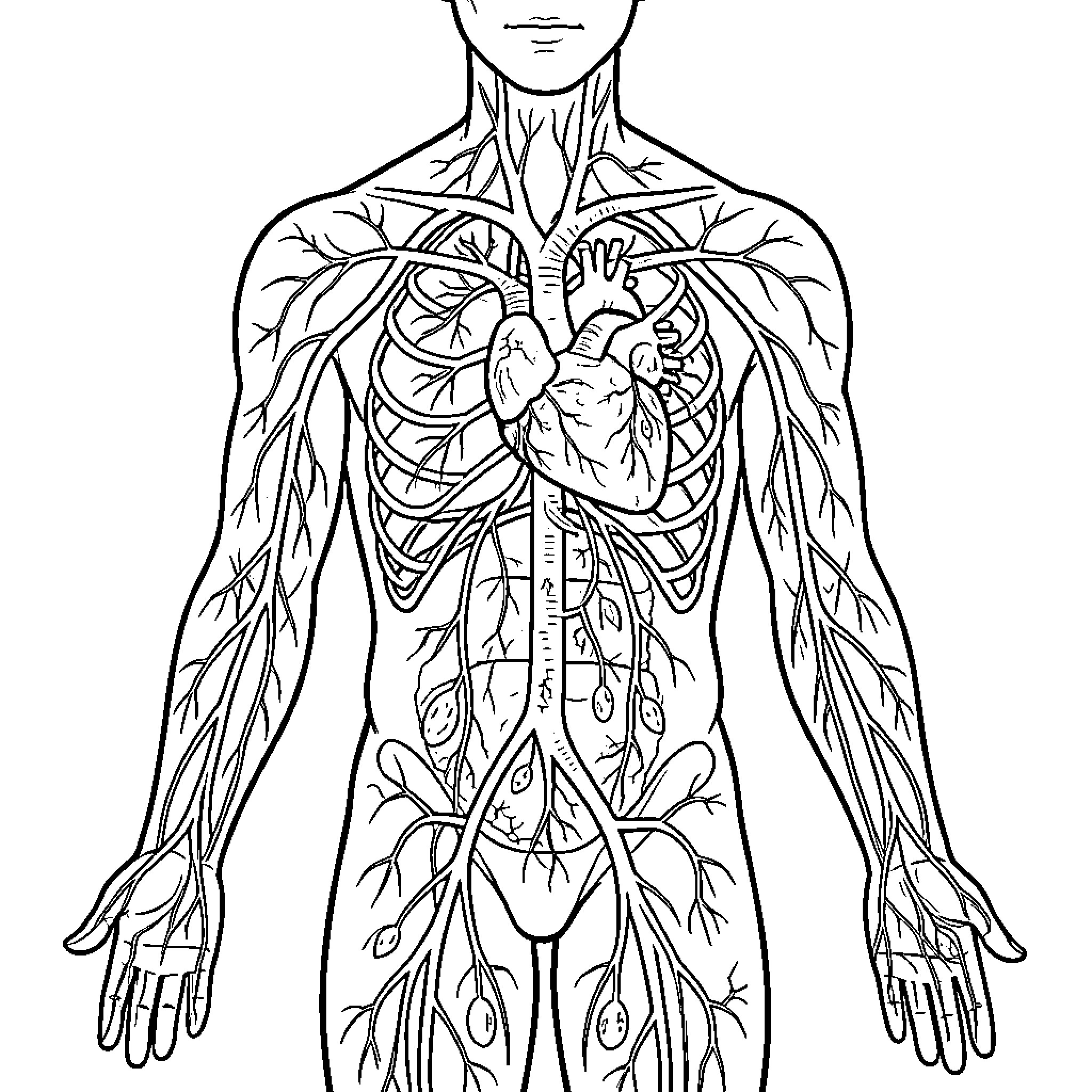 Blood Vessel network spreading throughout the human body Coloring Page (free black-and-white line drawing printable PDF for all, from beginners to advanced learners, including children, teens, adults, and seniors)