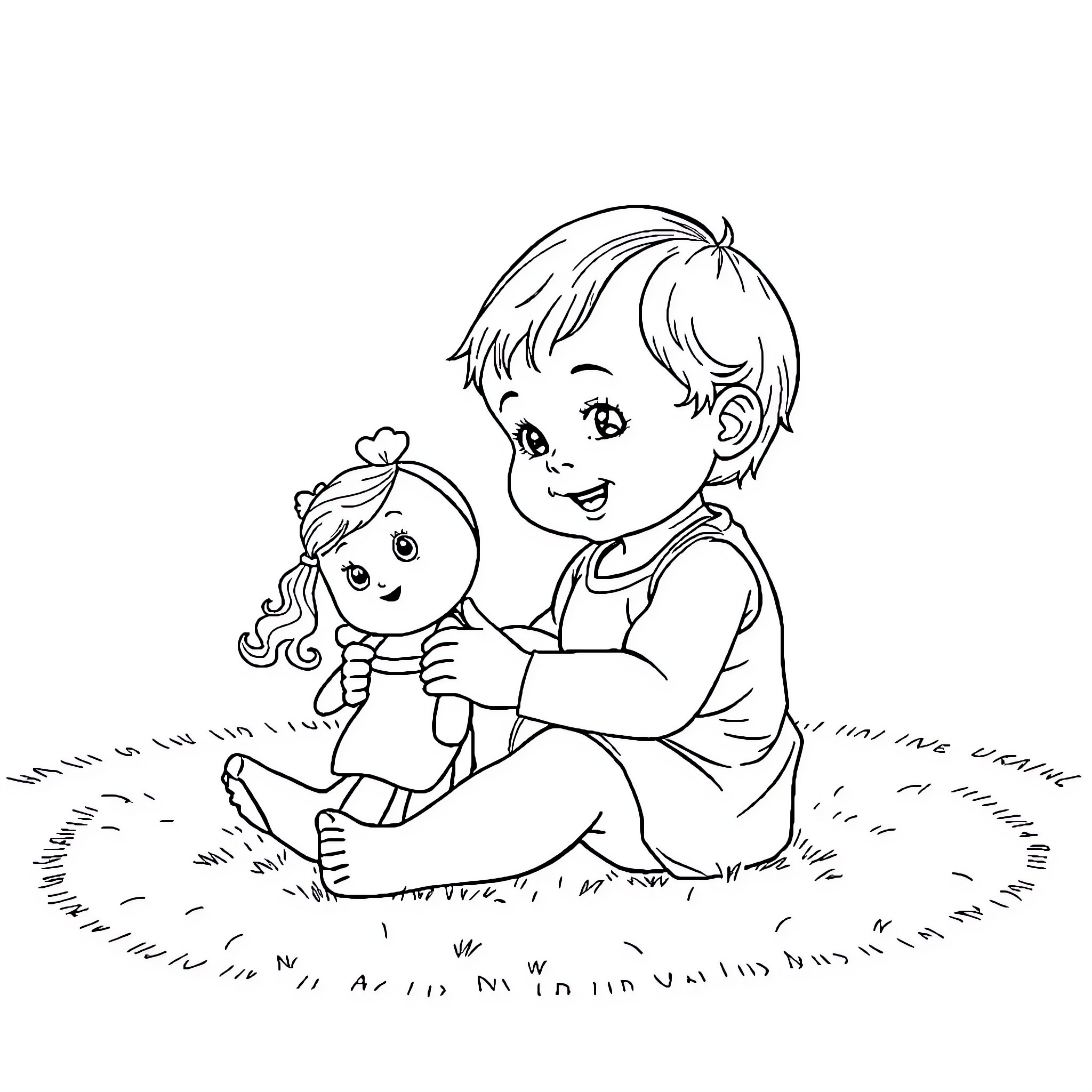 Baby playing with doll in the grass Coloring Page (free black-and-white line drawing printable PDF for all, from beginners to advanced learners, including children, teens, adults, and seniors)