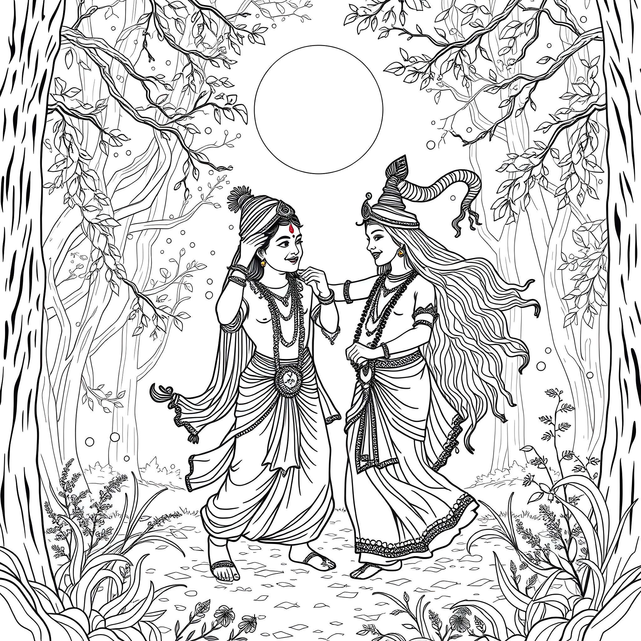 Krishna and Radha's Romantic Dance in the Forest Coloring Page (free black-and-white line drawing printable PDF for all, from beginners to advanced learners, including children, teens, adults, and seniors)