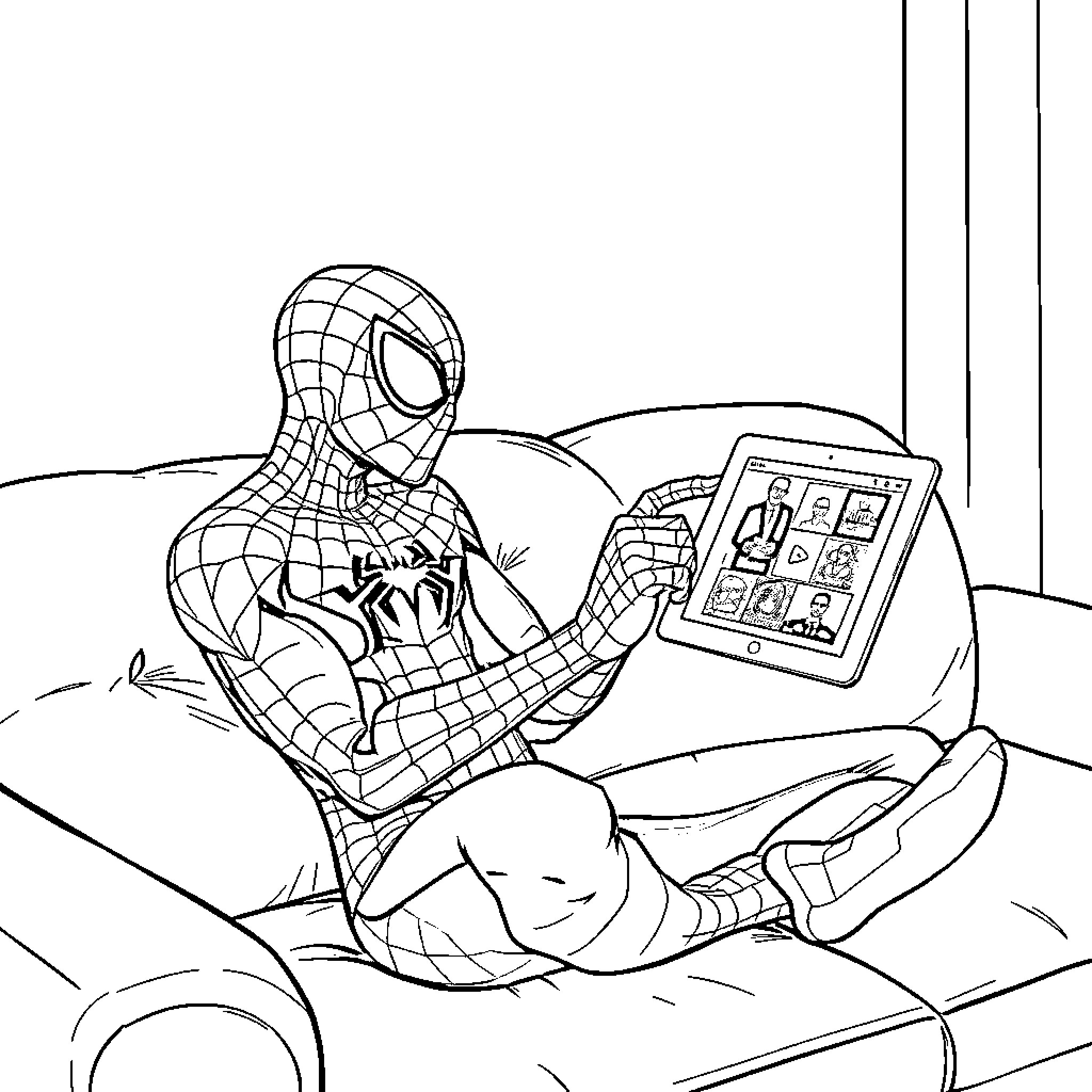 Spiderman using a tablet in a cozy room Coloring Page (free black-and-white line drawing printable PDF for all, from beginners to advanced learners, including children, teens, adults, and seniors)