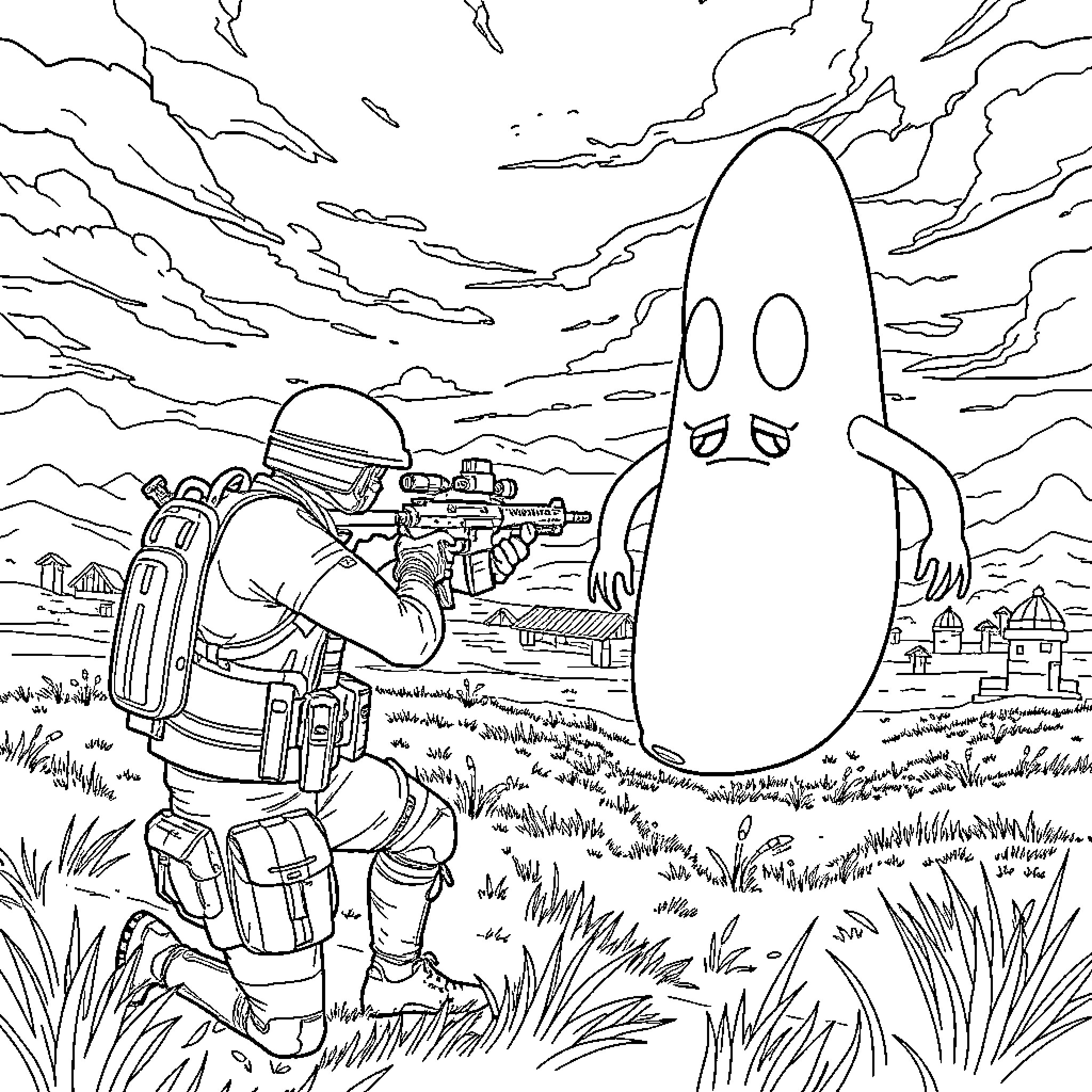 Soldier on the battlefield observing a strange creature Coloring Page (free black-and-white line drawing printable PDF for all, from beginners to advanced learners, including children, teens, adults, and seniors)
