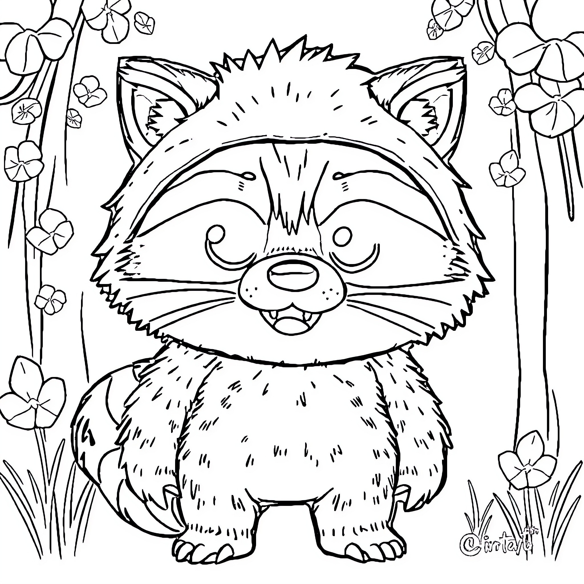Raccoon enjoying in nature Coloring Page (free black-and-white line drawing printable PDF for all, from beginners to advanced learners, including children, teens, adults, and seniors)