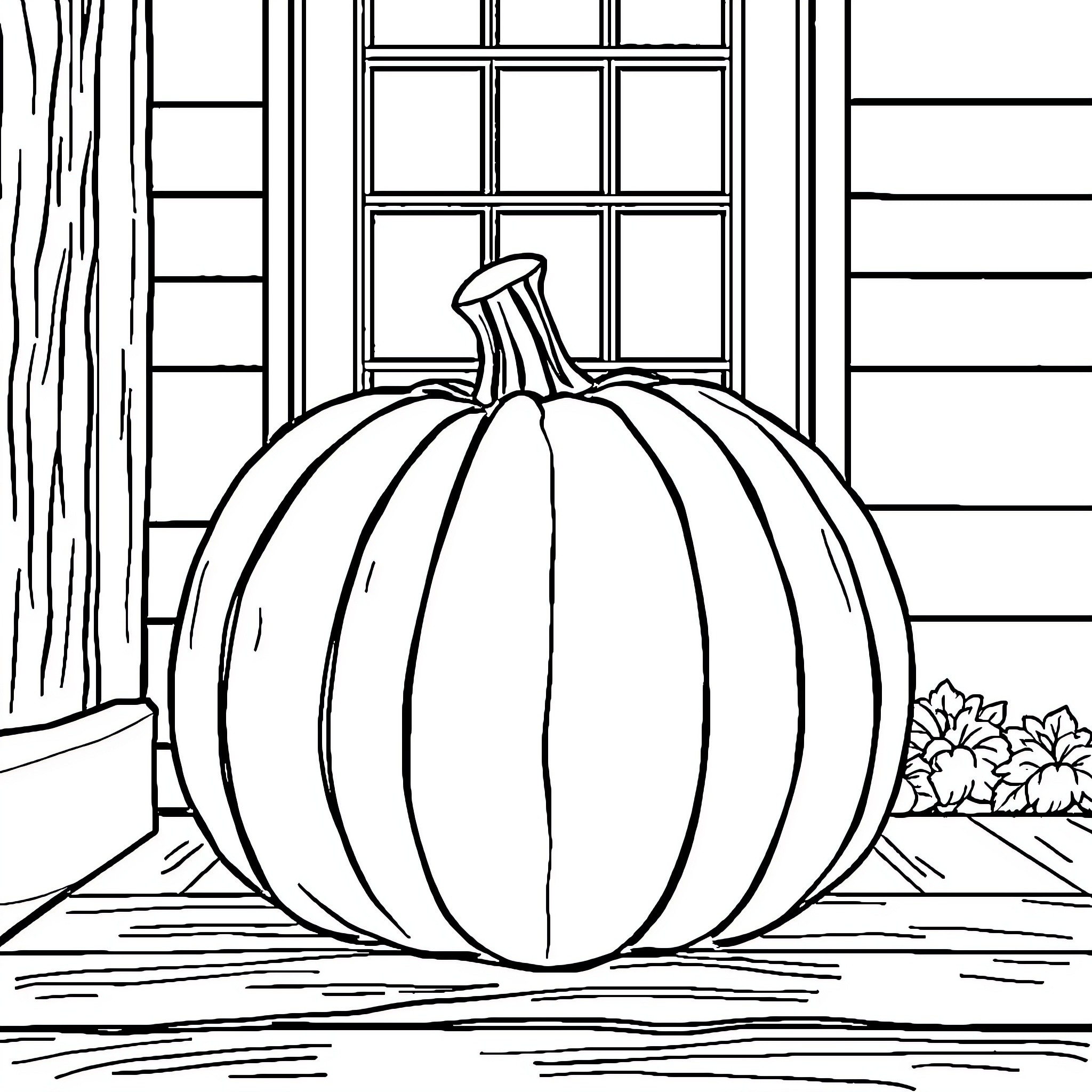 Pumpkin on a rustic porch Coloring Page (free black-and-white line drawing printable PDF for all, from beginners to advanced learners, including children, teens, adults, and seniors)