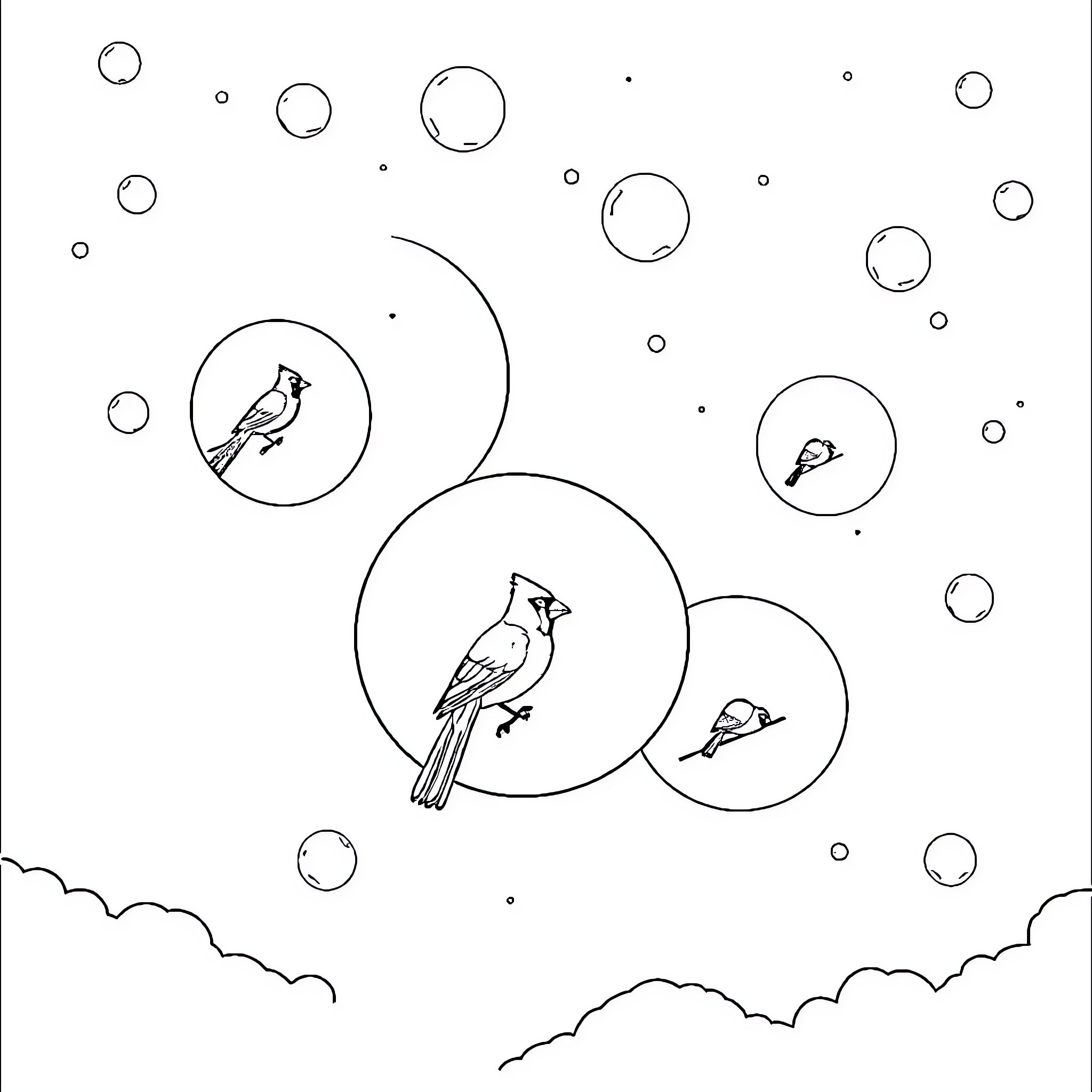 Bubble Birds Taking Flight Coloring Page (free black-and-white line drawing printable PDF for all, from beginners to advanced learners, including children, teens, adults, and seniors)