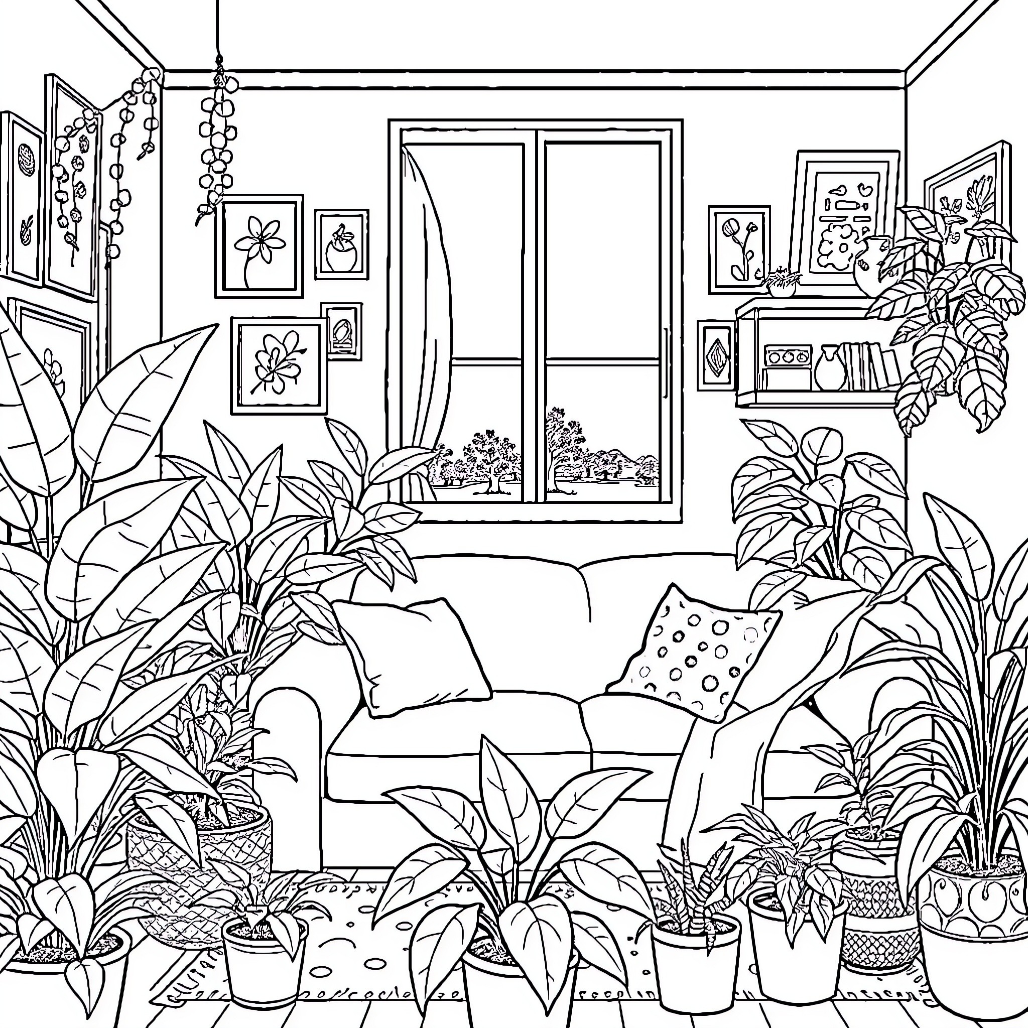 Apartment with cozy indoor plants and decor Coloring Page (free black-and-white line drawing printable PDF for all, from beginners to advanced learners, including children, teens, adults, and seniors)