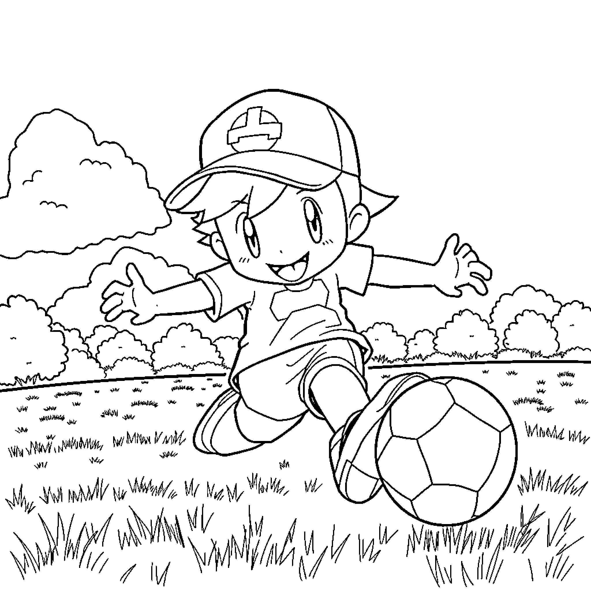 Ash Ketchum playing soccer in the field Coloring Page (free black-and-white line drawing printable PDF for all, from beginners to advanced learners, including children, teens, adults, and seniors)