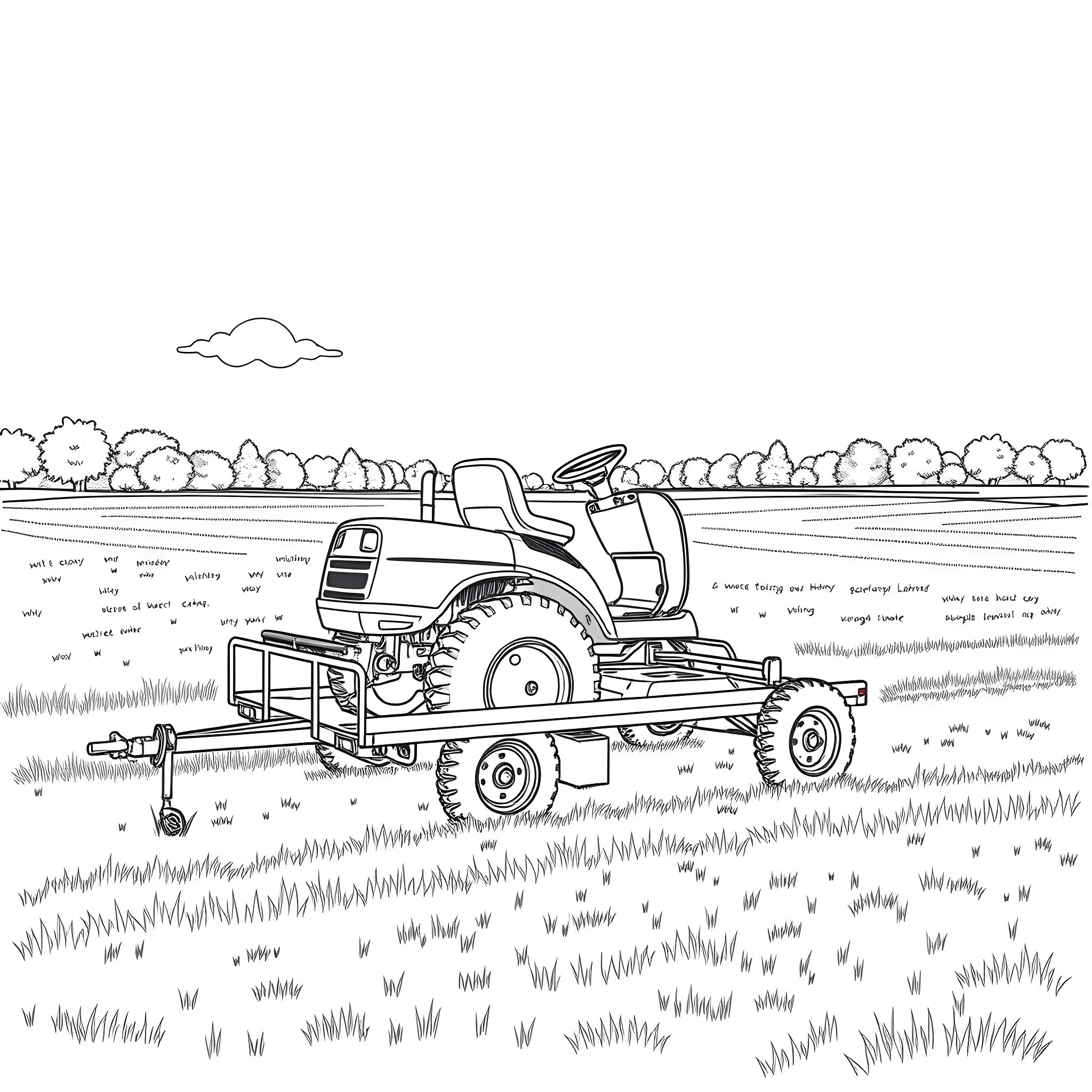 Mower working in a grassy field Coloring Page (free black-and-white line drawing printable PDF for all, from beginners to advanced learners, including children, teens, adults, and seniors)