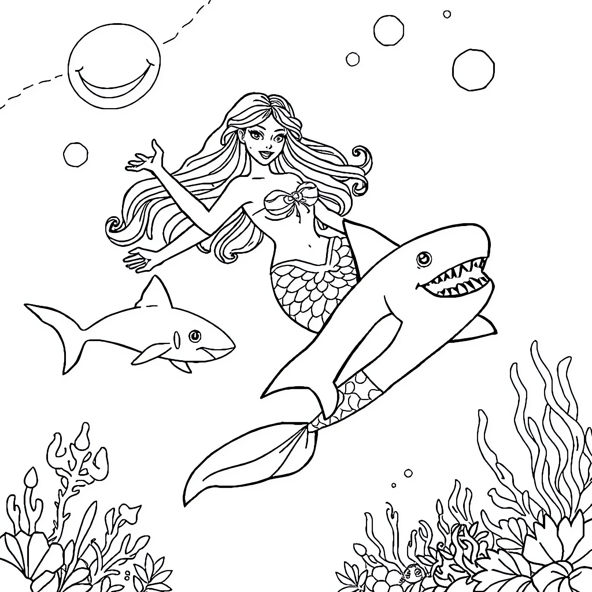 Mermaid Riding a Friendly Shark in the Underwater Garden Coloring Page (free black-and-white line drawing printable PDF for all, from beginners to advanced learners, including children, teens, adults, and seniors)