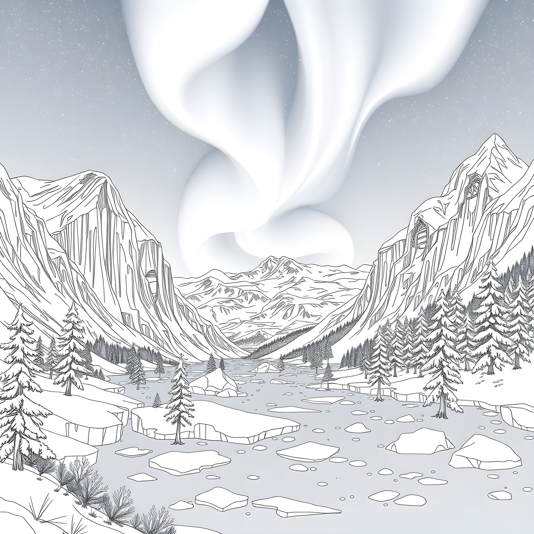 Frozen serene winter landscape with snowy mountains Coloring Page (free black-and-white line drawing printable PDF for all, from beginners to advanced learners, including children, teens, adults, and seniors)