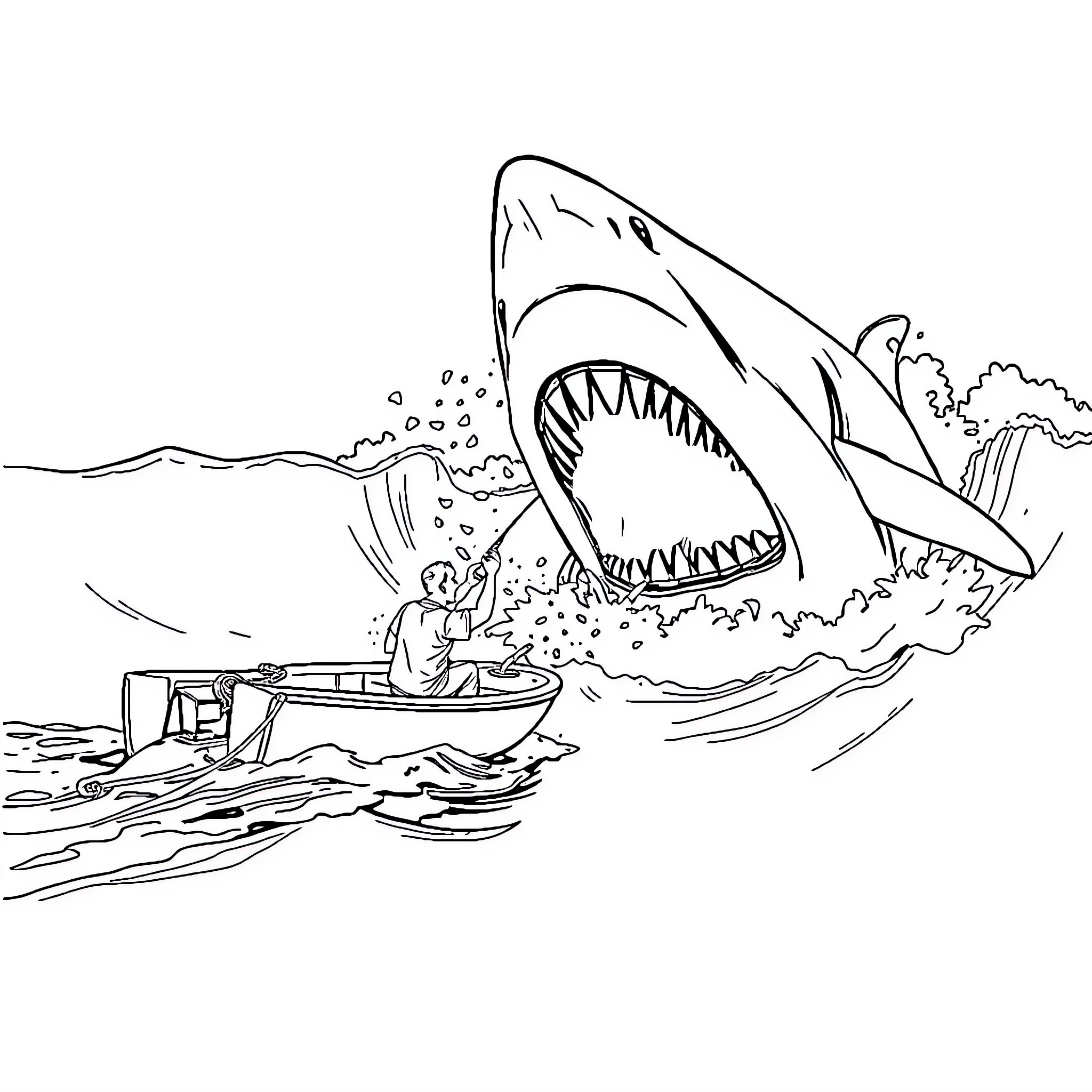 Fisherman facing a fearsome shark in the ocean Coloring Page (free black-and-white line drawing printable PDF for all, from beginners to advanced learners, including children, teens, adults, and seniors)