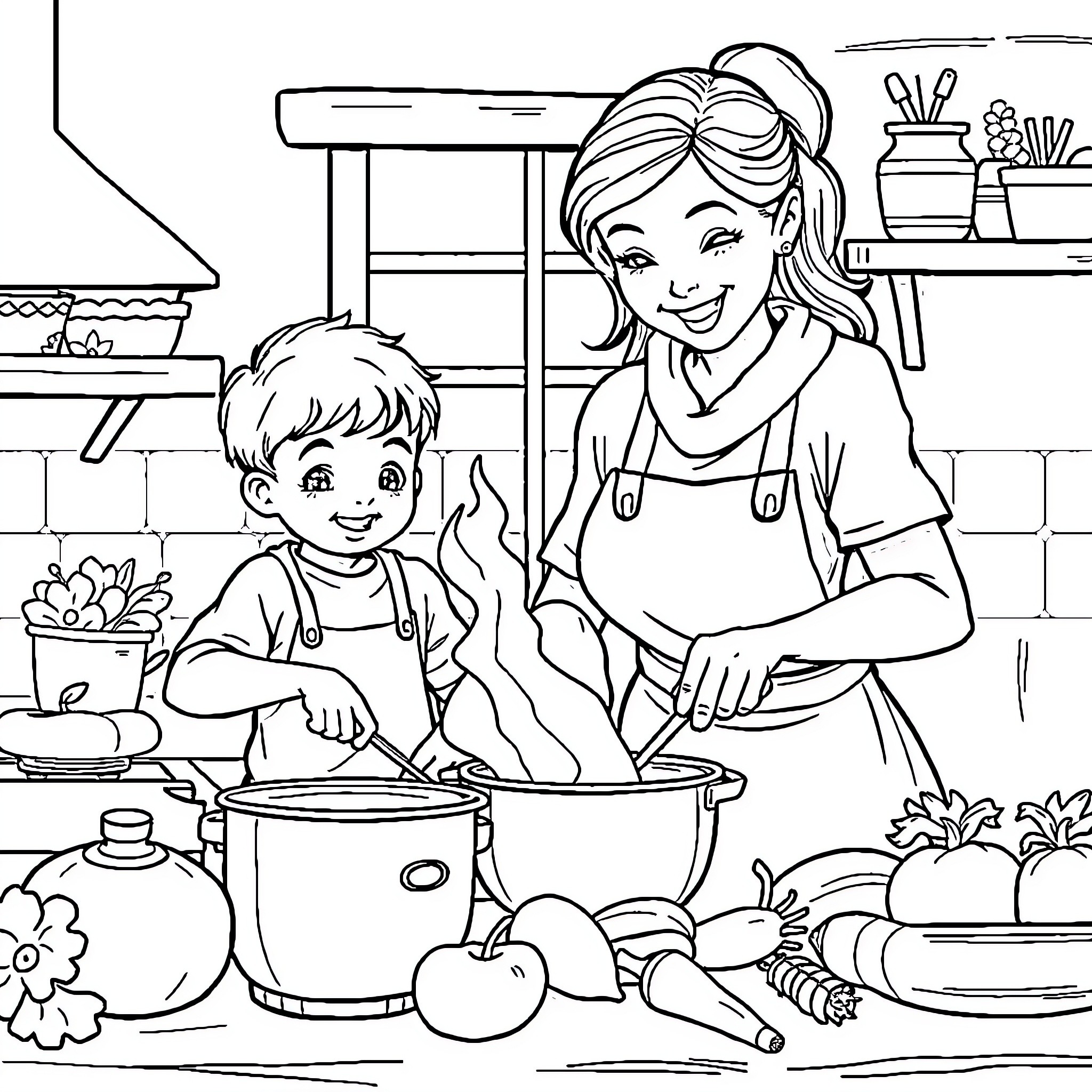 Child helping mother prepare food in the kitchen Coloring Page (free black-and-white line drawing printable PDF for all, from beginners to advanced learners, including children, teens, adults, and seniors)