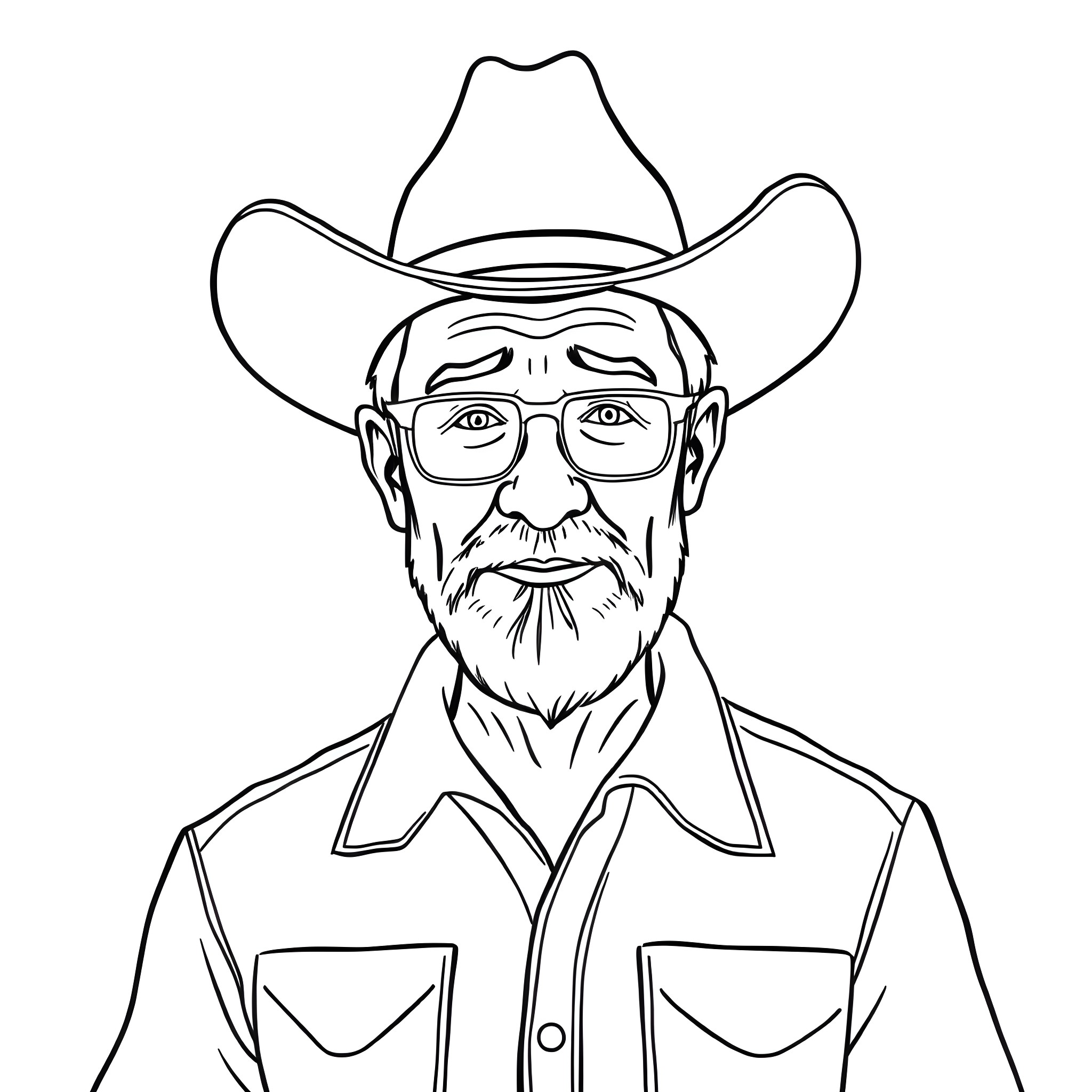 Man wearing cowboy hat and glasses with serious expression Coloring Page (free black-and-white line drawing printable PDF for all, from beginners to advanced learners, including children, teens, adults, and seniors)
