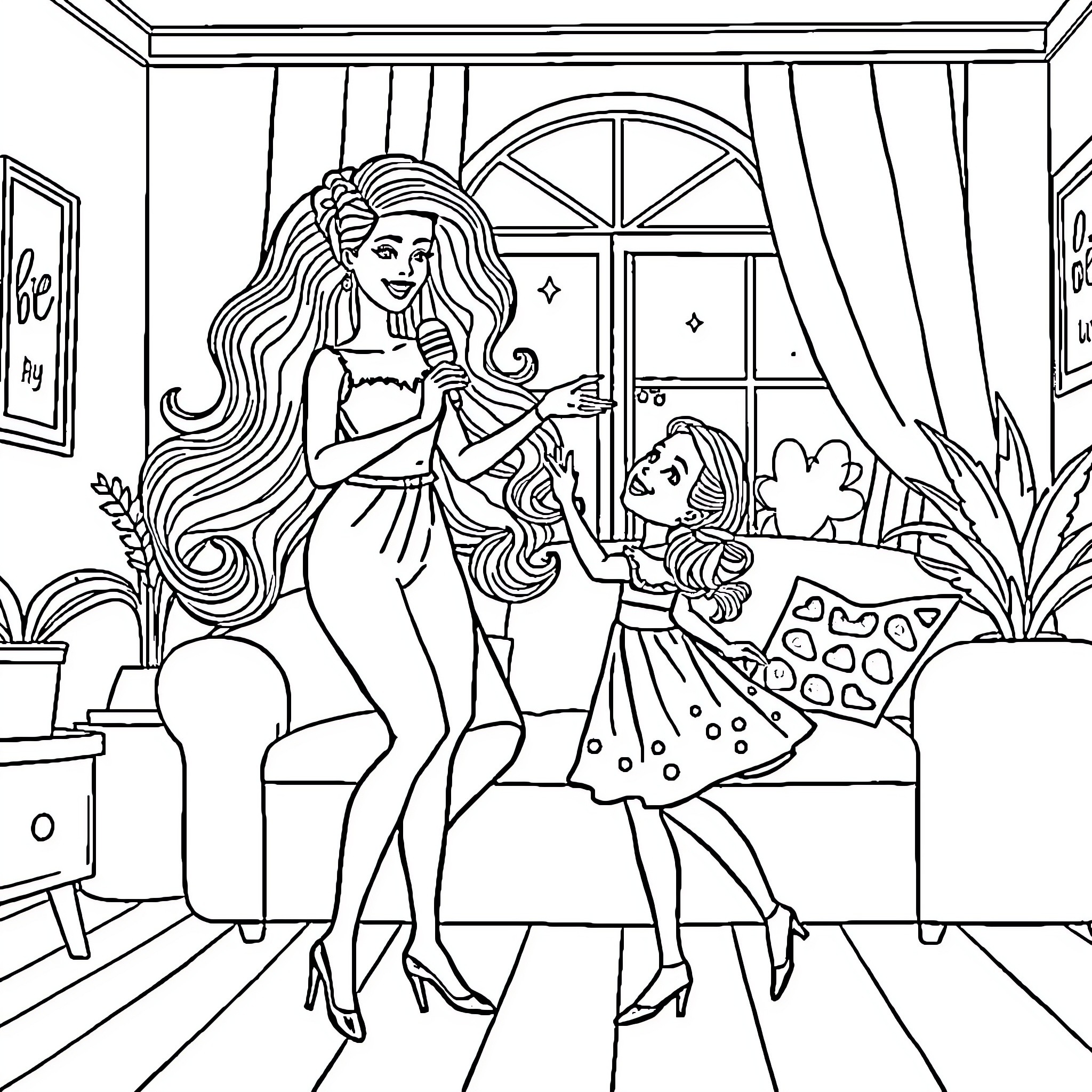 Barbie's Fashion Show with Daughter Coloring Page (free black-and-white line drawing printable PDF for all, from beginners to advanced learners, including children, teens, adults, and seniors)