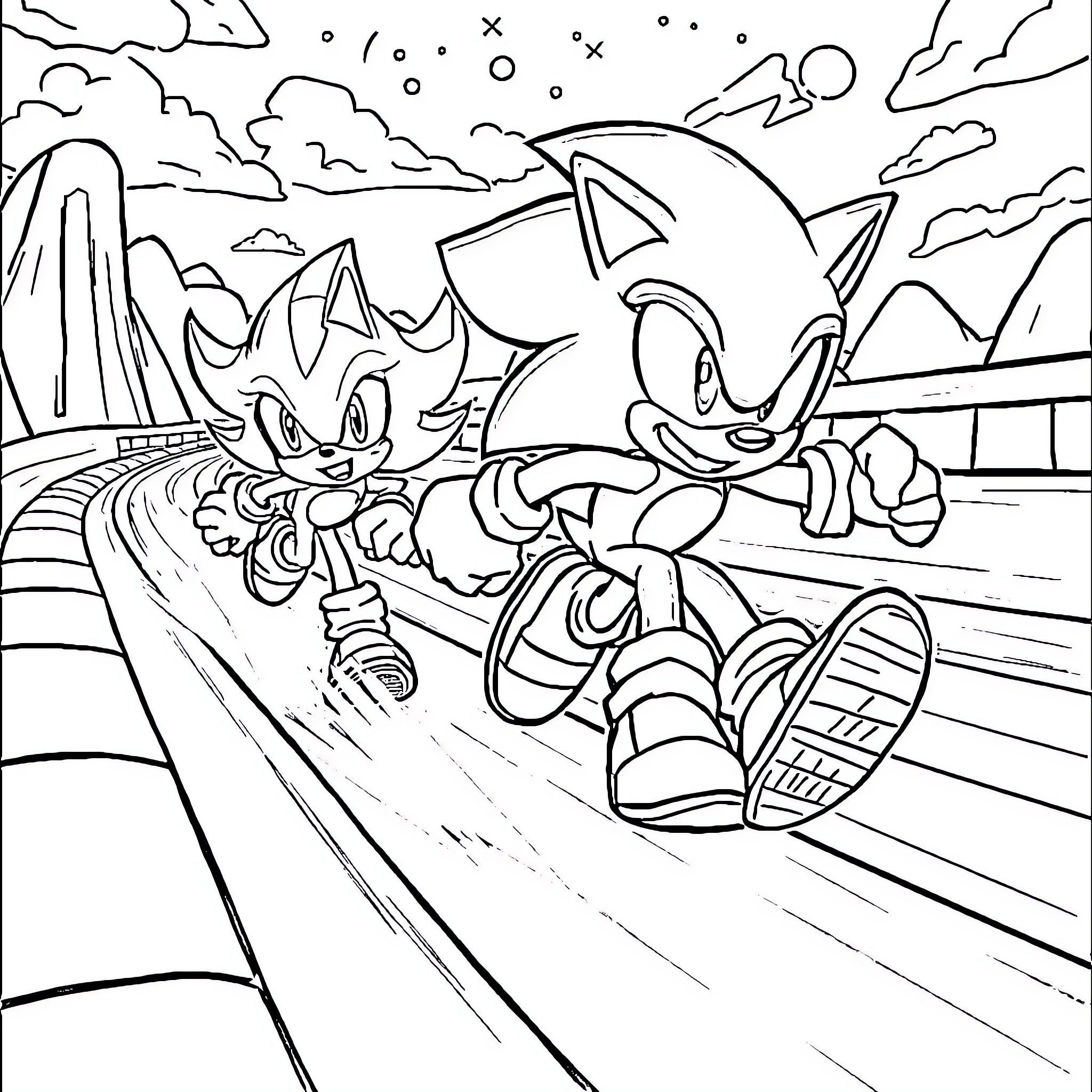 Sonic characters in an exciting scene Coloring Page (free black-and-white line drawing printable PDF for all, from beginners to advanced learners, including children, teens, adults, and seniors)