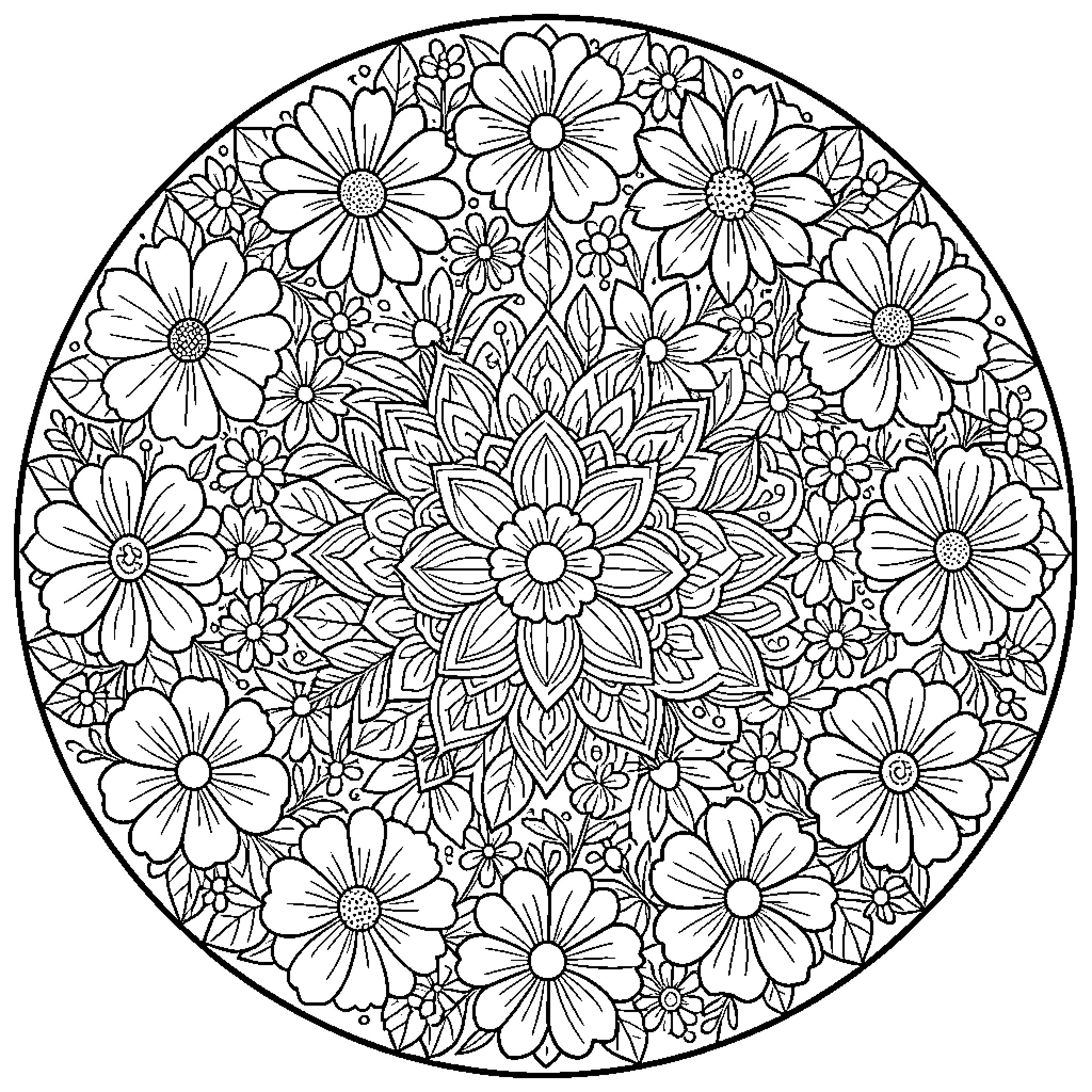 Mandala of Intricate Floral Arrangements Coloring Page (free black-and-white line drawing printable PDF for all, from beginners to advanced learners, including children, teens, adults, and seniors)