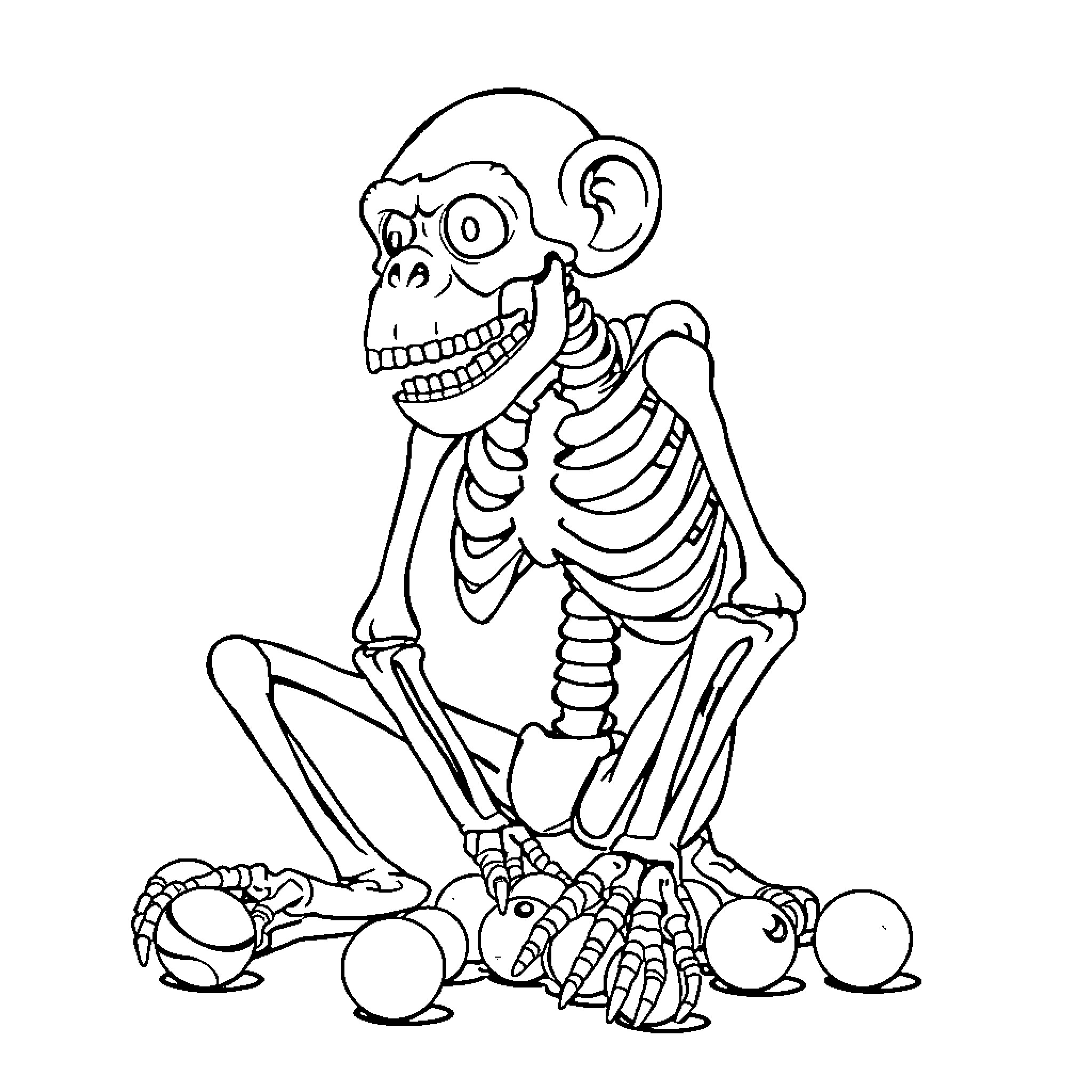 Monkey skeleton surrounded by fruits and balls Coloring Page (free black-and-white line drawing printable PDF for all, from beginners to advanced learners, including children, teens, adults, and seniors)