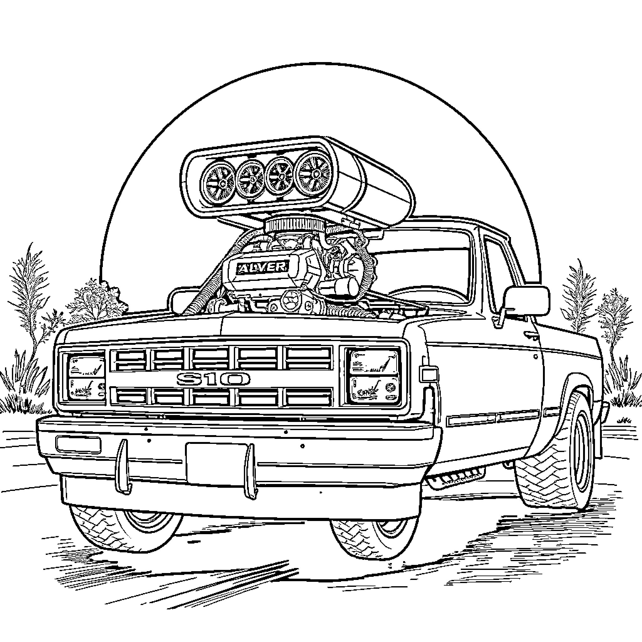 S10 Pickup Truck with Off-Road Accessories Coloring Page (free black-and-white line drawing printable PDF for all, from beginners to advanced learners, including children, teens, adults, and seniors)