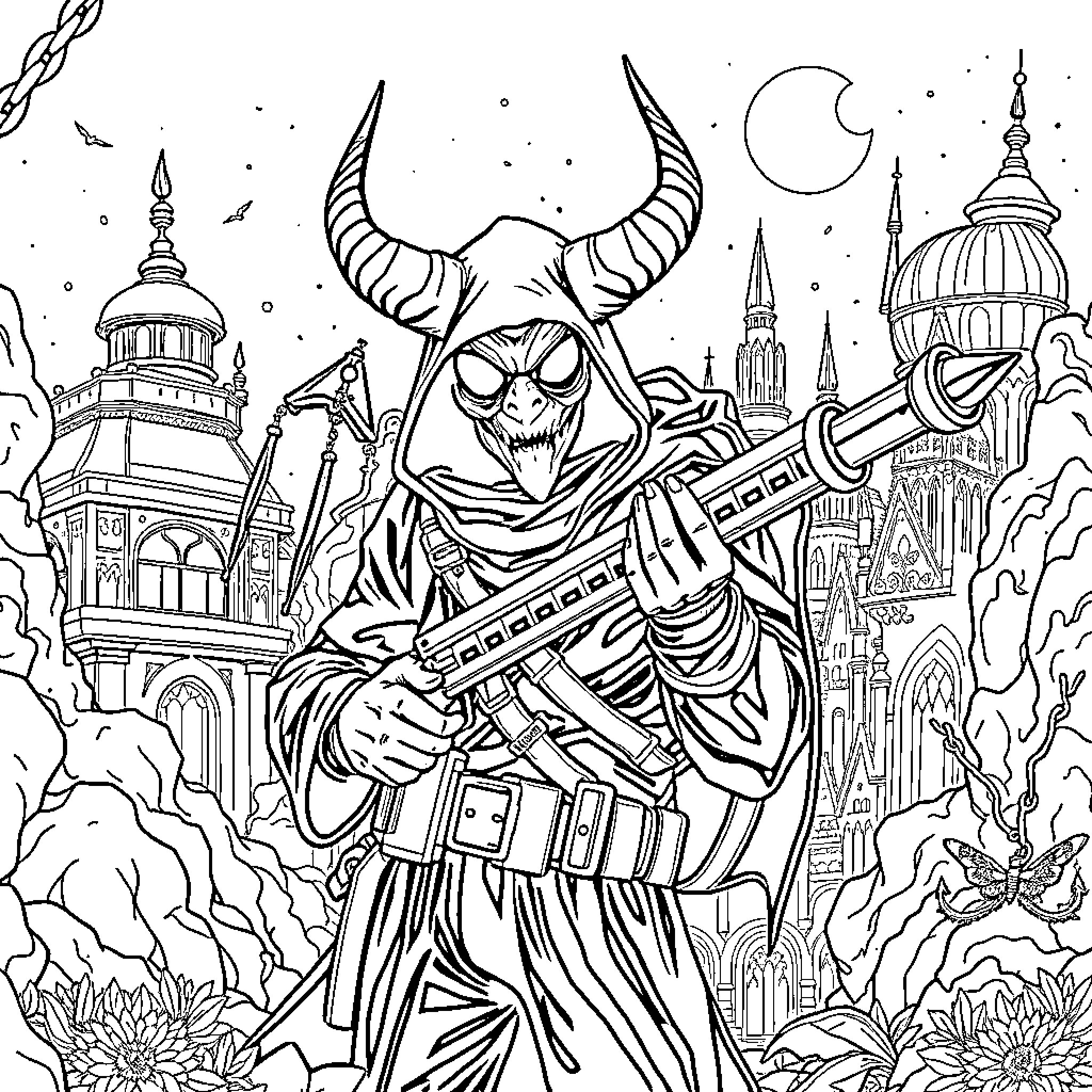Demon Hunter Wielding Firearm in Fantastical Cityscape Coloring Page (free black-and-white line drawing printable PDF for all, from beginners to advanced learners, including children, teens, adults, and seniors)
