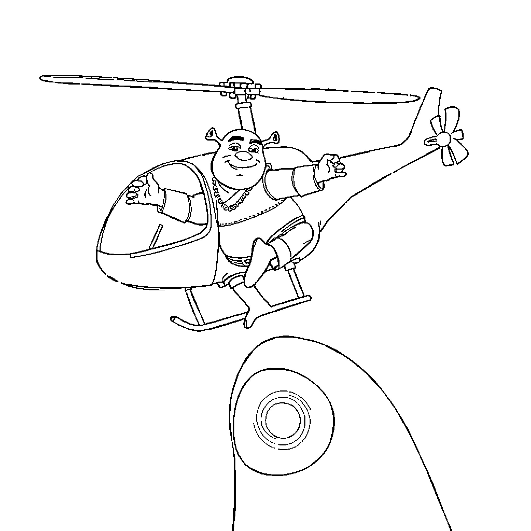Hélicoptère survolé par un personnage joyeux aux bras ouverts Coloring Page (free black-and-white line drawing printable PDF for all, from beginners to advanced learners, including children, teens, adults, and seniors)