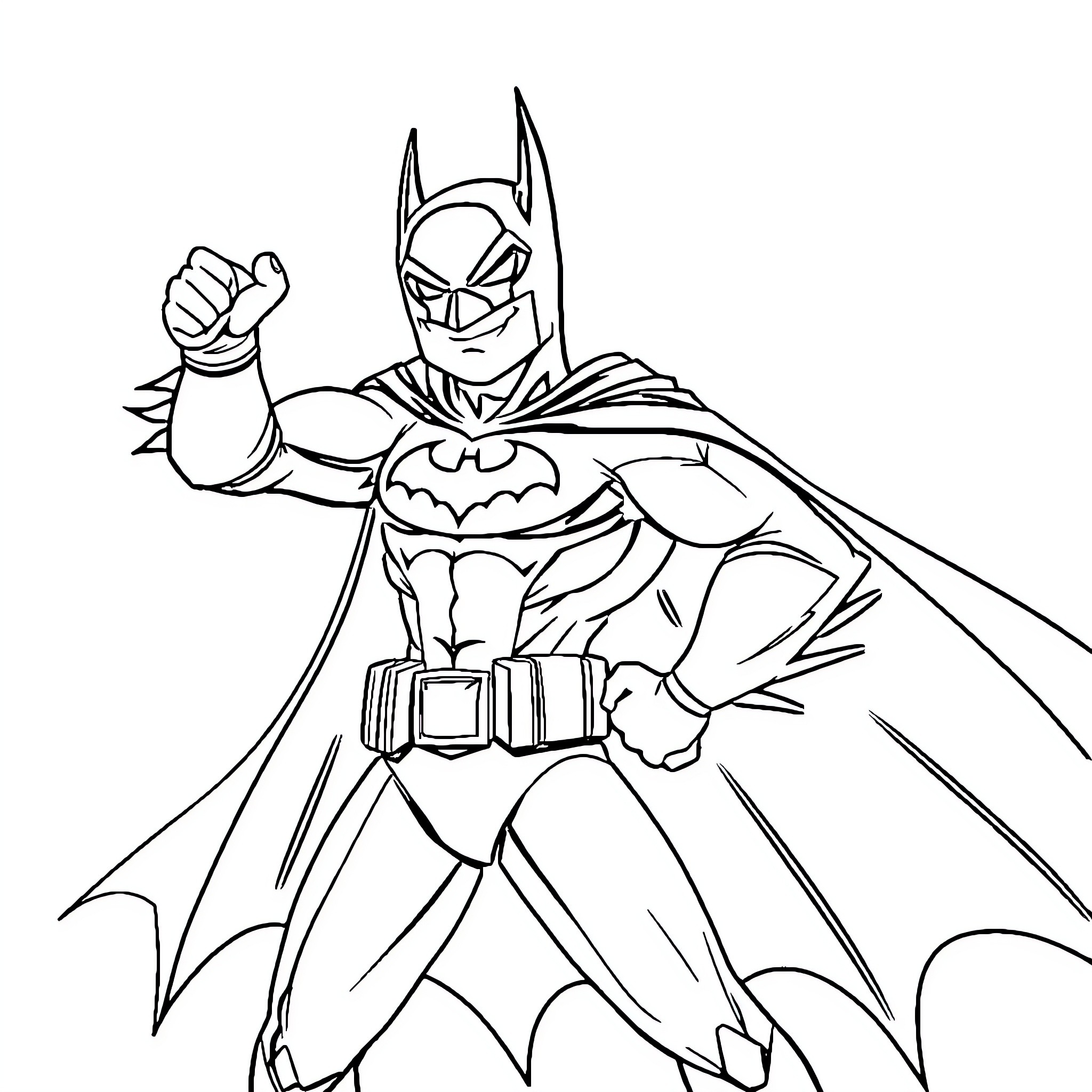 Batman in Action Pose Coloring Page (free black-and-white line drawing printable PDF for all, from beginners to advanced learners, including children, teens, adults, and seniors)