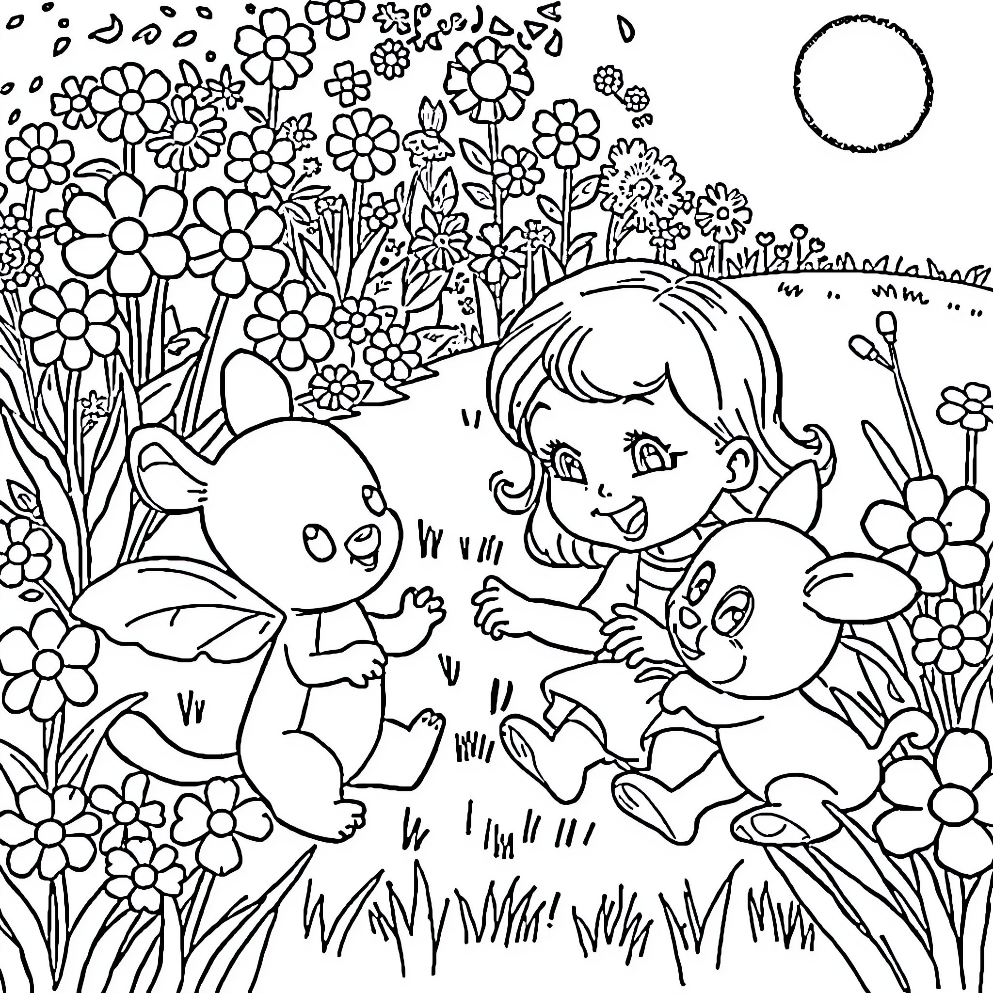 Bluey and friends playing in a flowery meadow Coloring Page (free black-and-white line drawing printable PDF for all, from beginners to advanced learners, including children, teens, adults, and seniors)