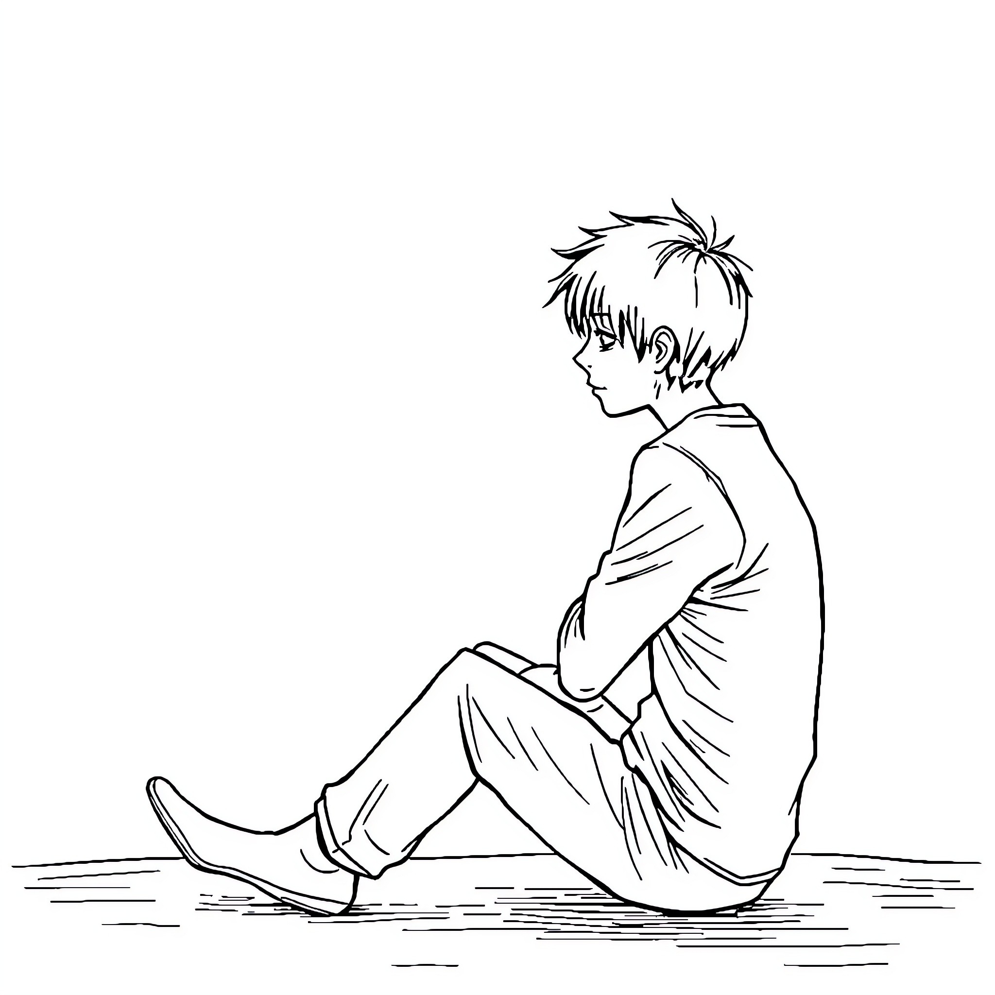 Heart-shaped Silhouette of Pensive Boy Coloring Page (free black-and-white line drawing printable PDF for all, from beginners to advanced learners, including children, teens, adults, and seniors)