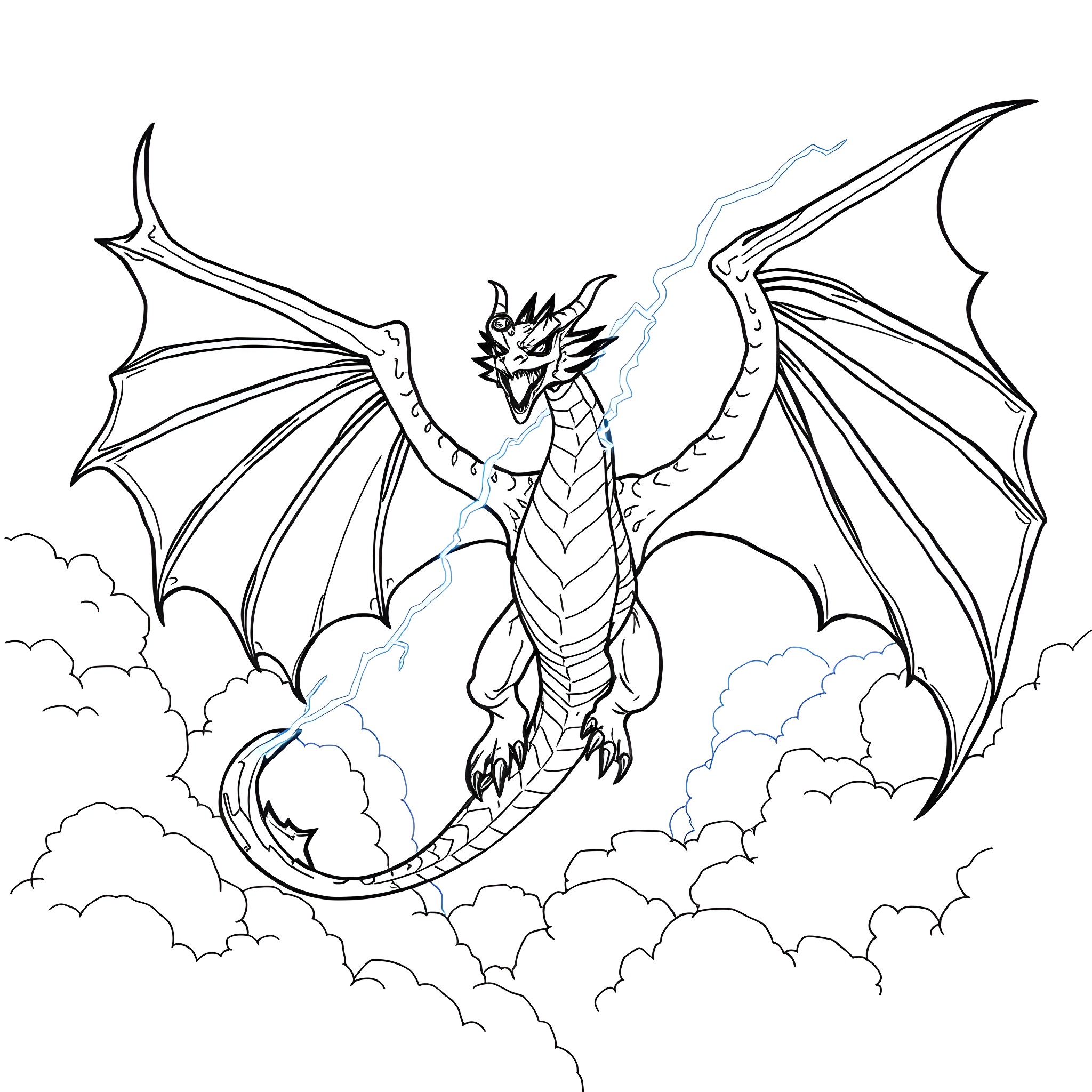 Slifer the Sky Dragon soaring through the clouds Coloring Page (free black-and-white line drawing printable PDF for all, from beginners to advanced learners, including children, teens, adults, and seniors)