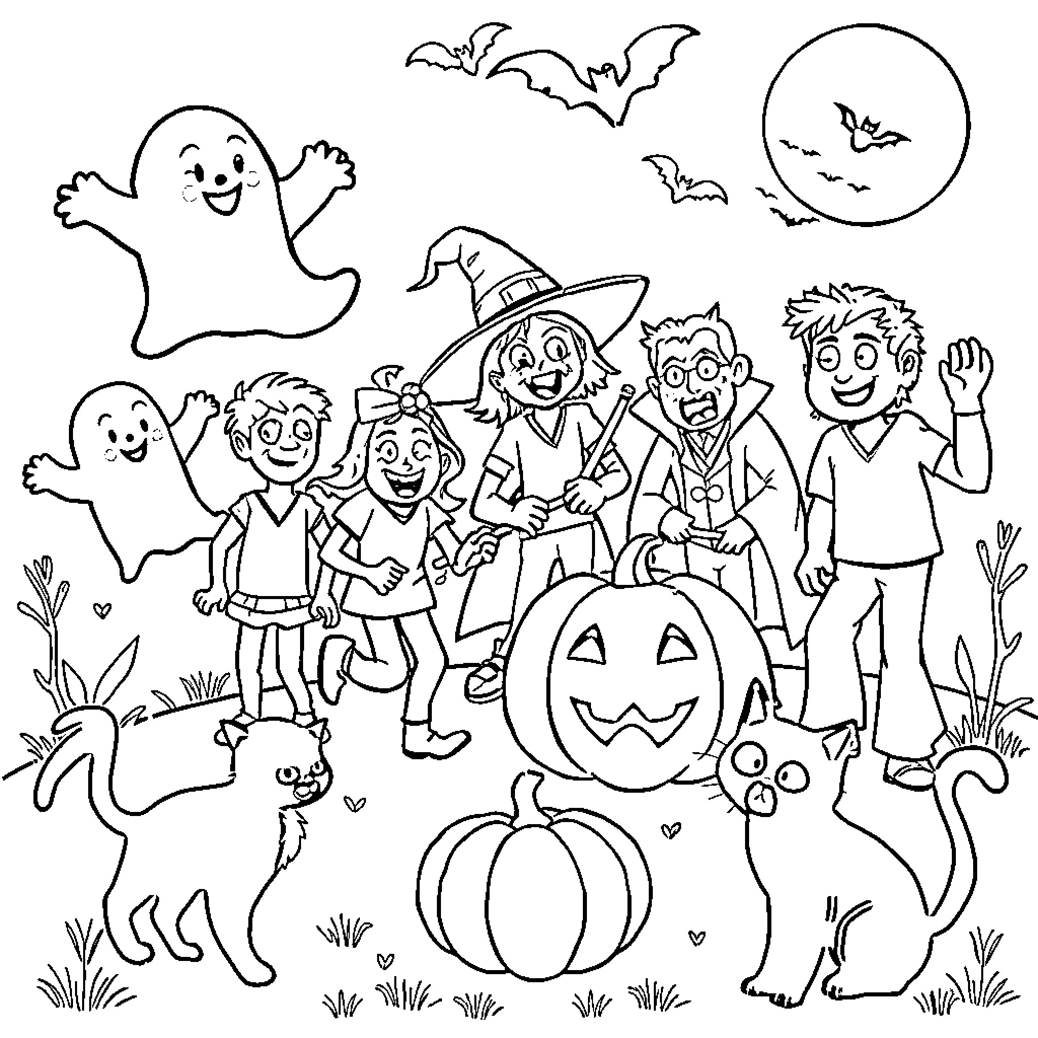 Halloween group with happy characters and spooky elements Coloring Page (free black-and-white line drawing printable PDF for all, from beginners to advanced learners, including children, teens, adults, and seniors)
