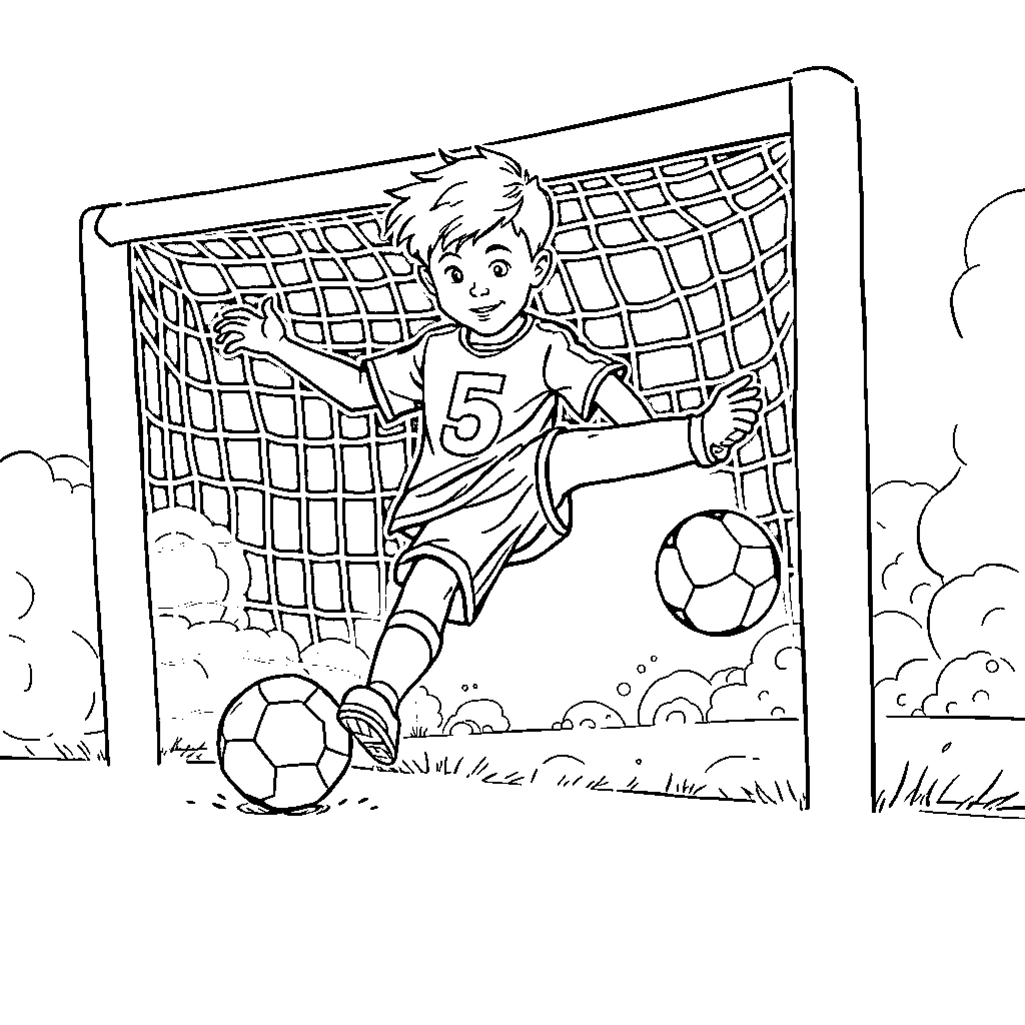 Boy playing soccer with ball near goal Coloring Page (free black-and-white line drawing printable PDF for all, from beginners to advanced learners, including children, teens, adults, and seniors)