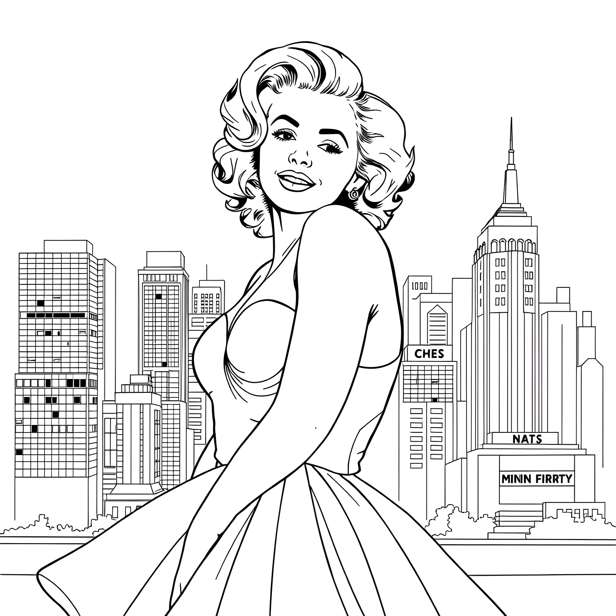Marilyn Monroe's Glamorous Presence in the City Coloring Page (free black-and-white line drawing printable PDF for all, from beginners to advanced learners, including children, teens, adults, and seniors)
