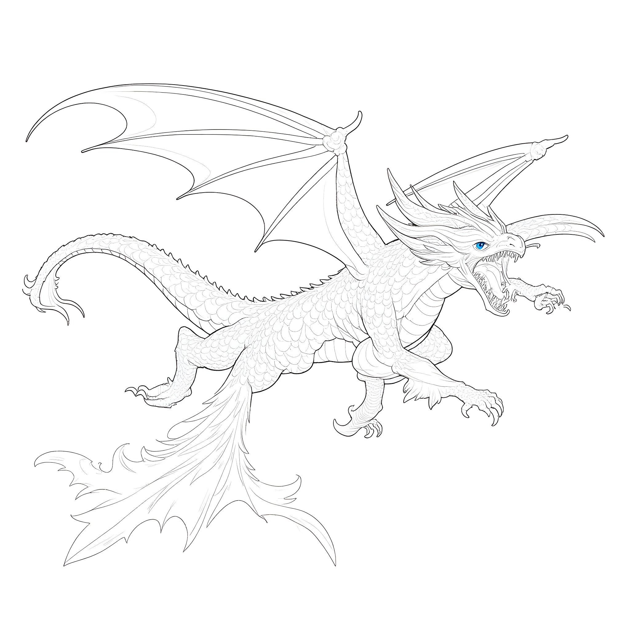 Blue Eyes White Dragon Soaring Proudly Coloring Page (free black-and-white line drawing printable PDF for all, from beginners to advanced learners, including children, teens, adults, and seniors)