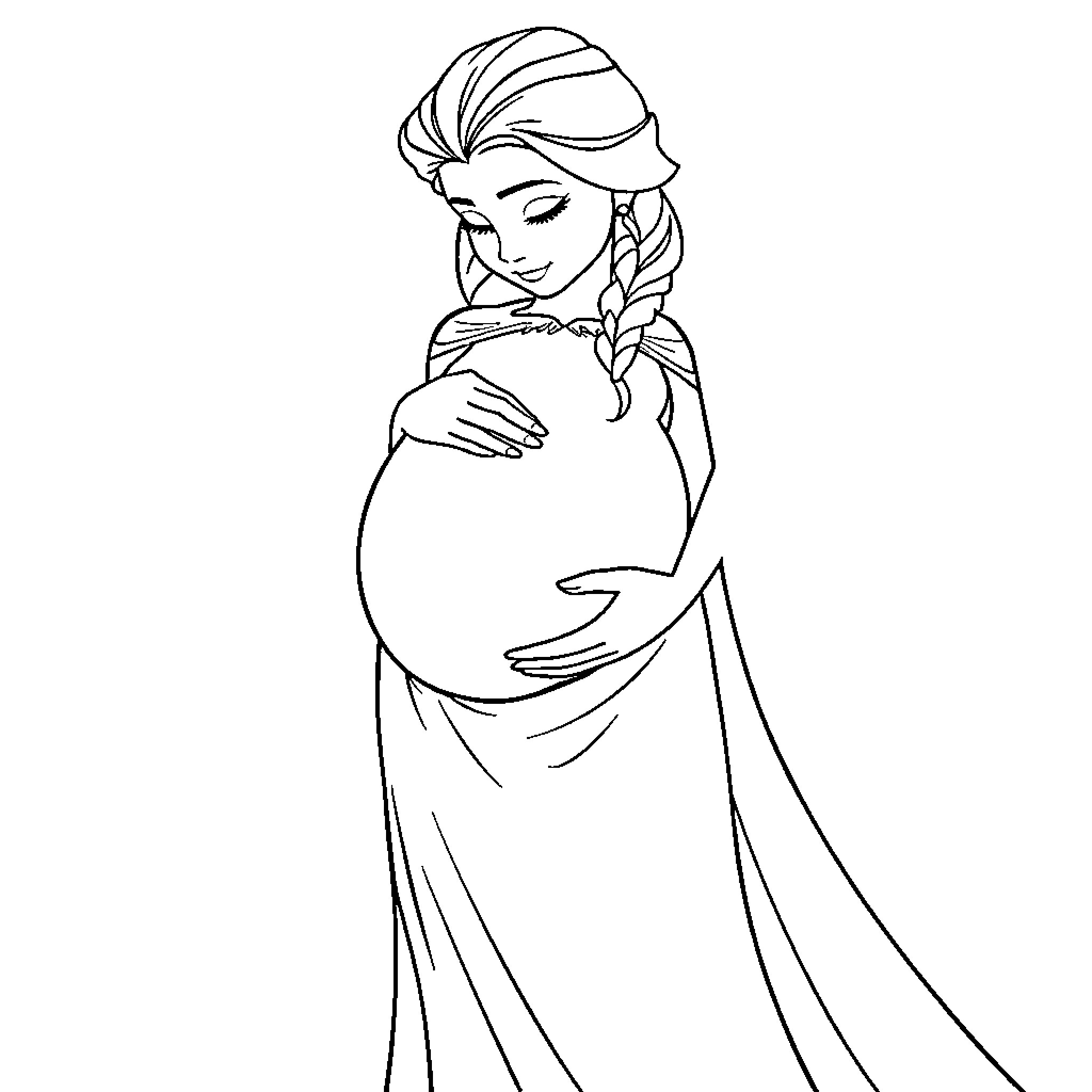Elsa's Maternity Moment: A Gentle Embrace Coloring Page (free black-and-white line drawing printable PDF for all, from beginners to advanced learners, including children, teens, adults, and seniors)