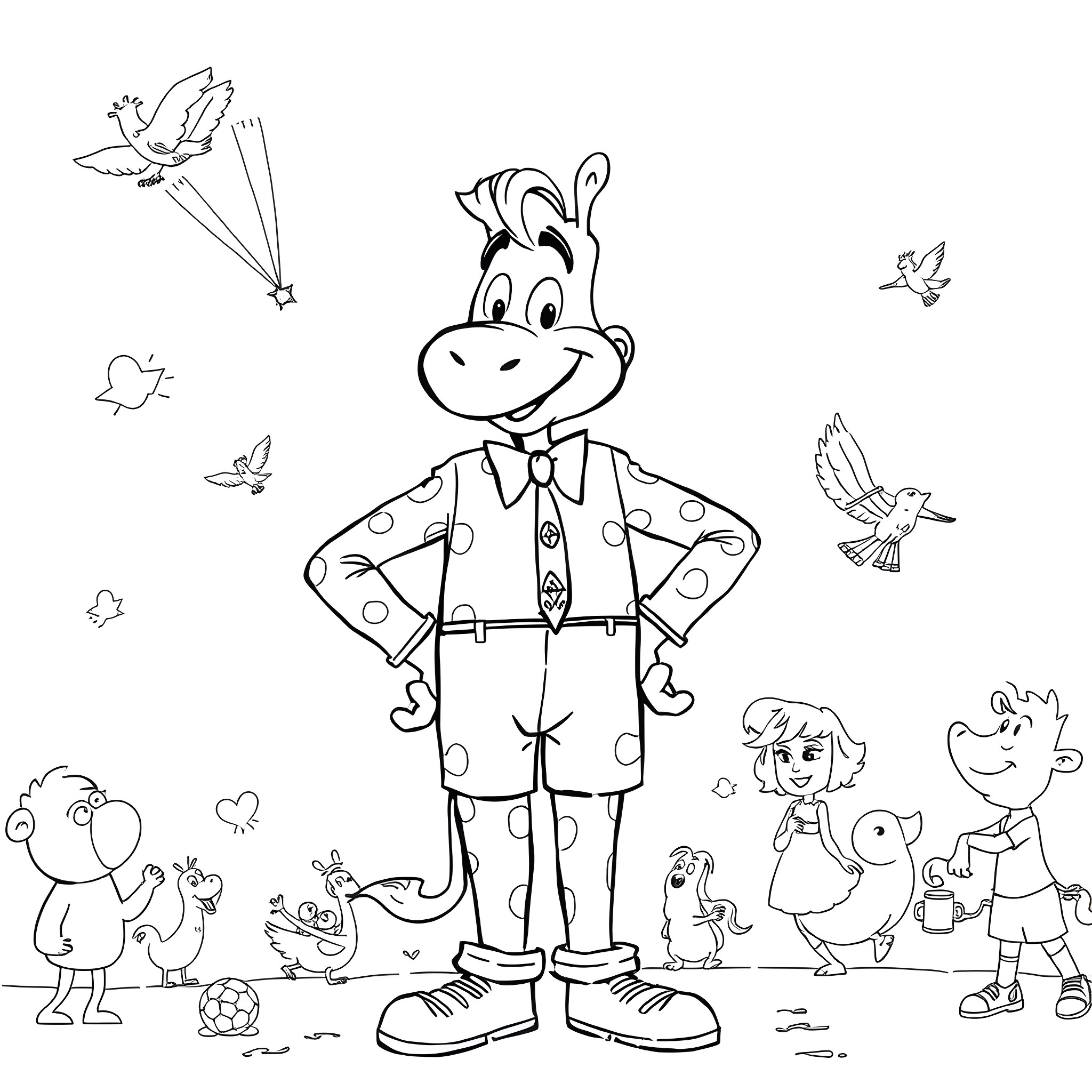 Louis Griffen's Playful Adventure with Animal Friends Coloring Page (free black-and-white line drawing printable PDF for all, from beginners to advanced learners, including children, teens, adults, and seniors)