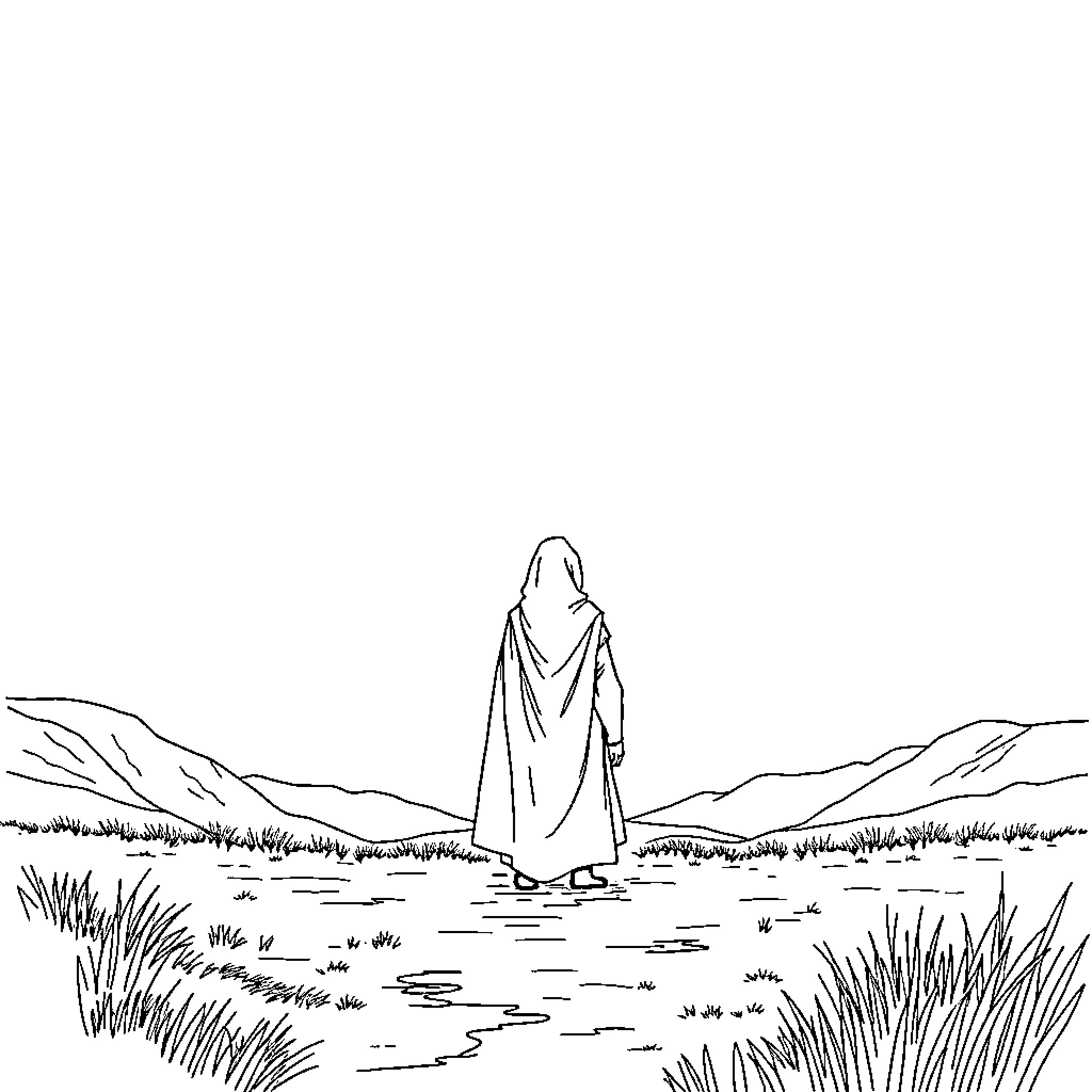 UN Figure standing in serene landscape Coloring Page (free black-and-white line drawing printable PDF for all, from beginners to advanced learners, including children, teens, adults, and seniors)