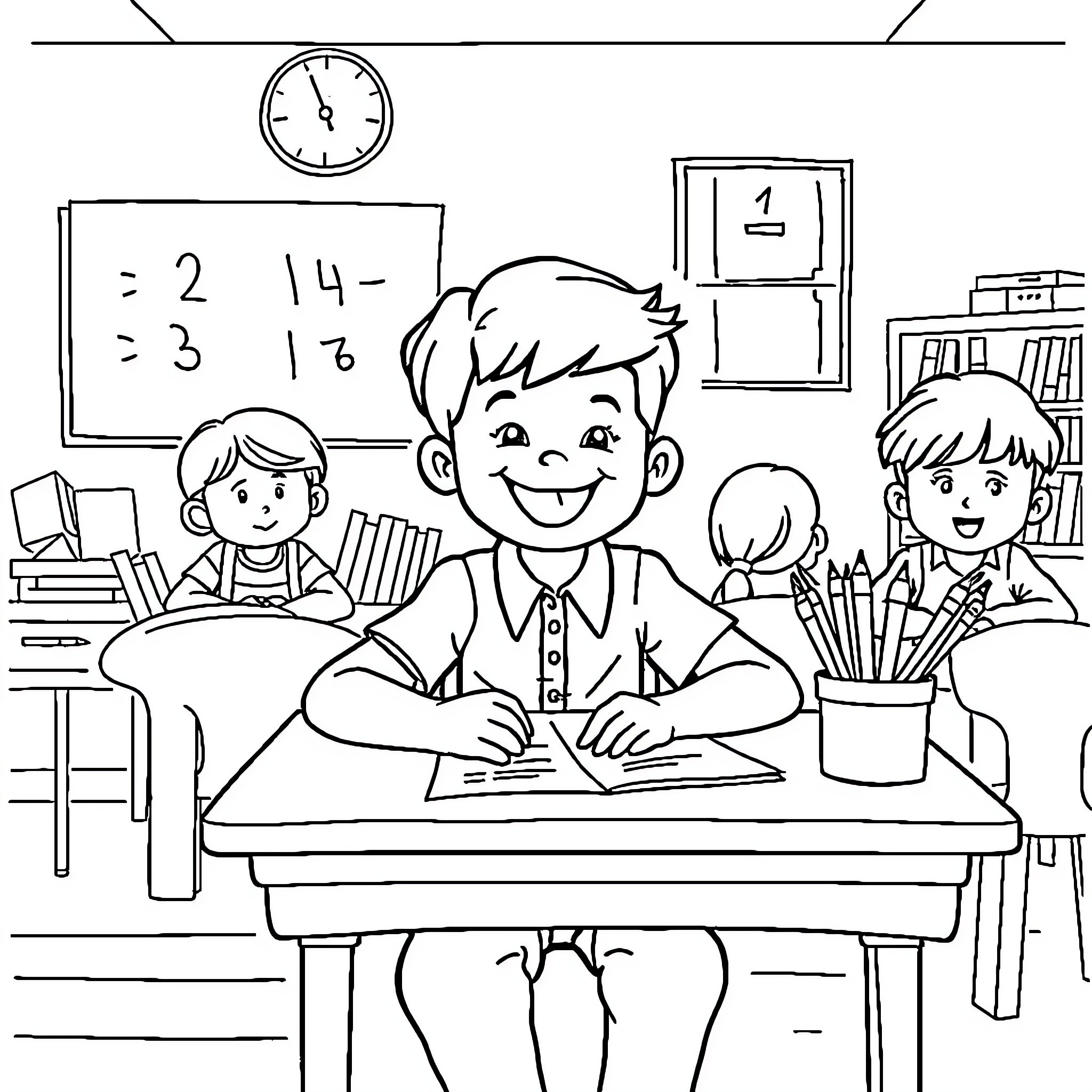 Math lesson with students in the classroom Coloring Page (free black-and-white line drawing printable PDF for all, from beginners to advanced learners, including children, teens, adults, and seniors)