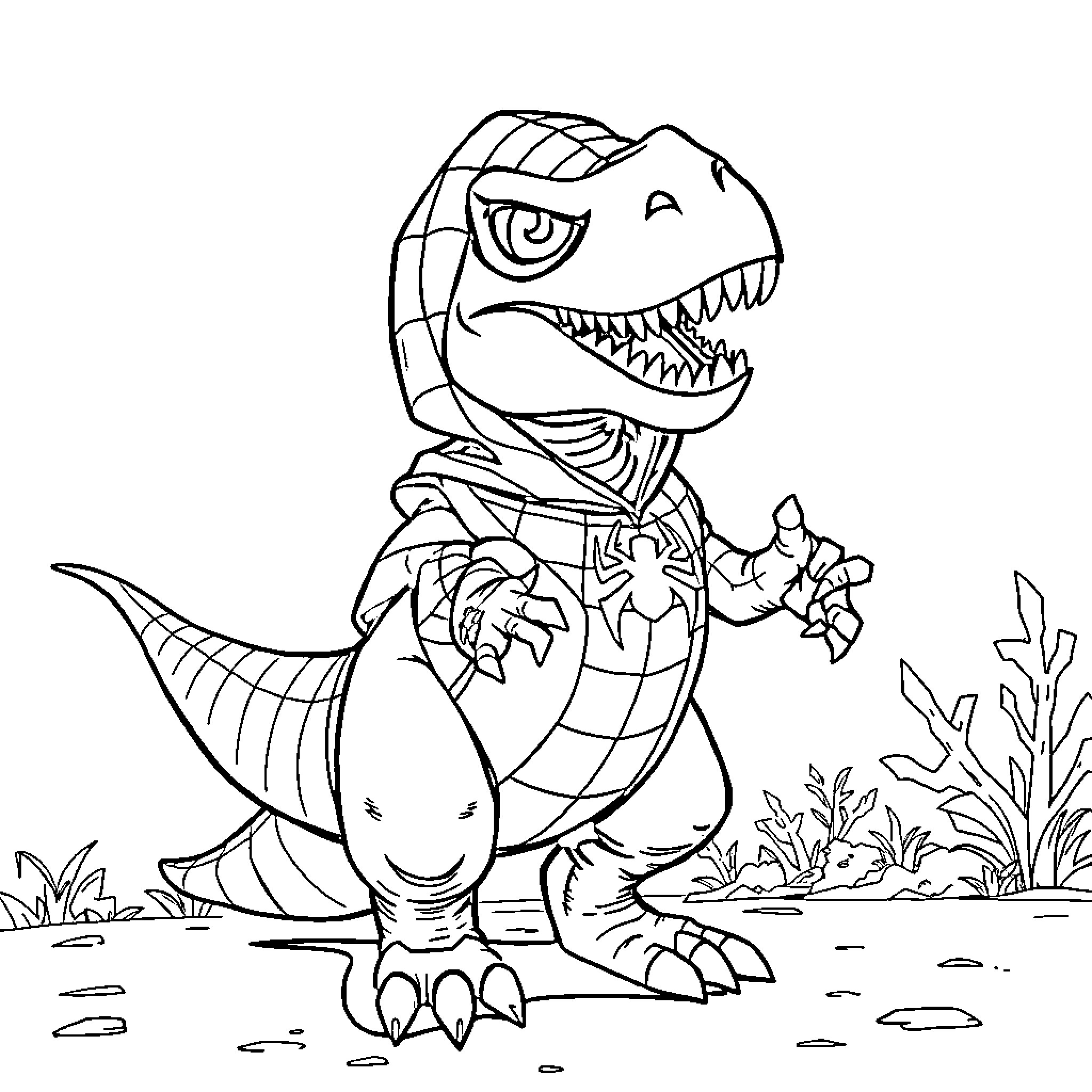 Dinosaur munching on plants in nature Coloring Page (free black-and-white line drawing printable PDF for all, from beginners to advanced learners, including children, teens, adults, and seniors)