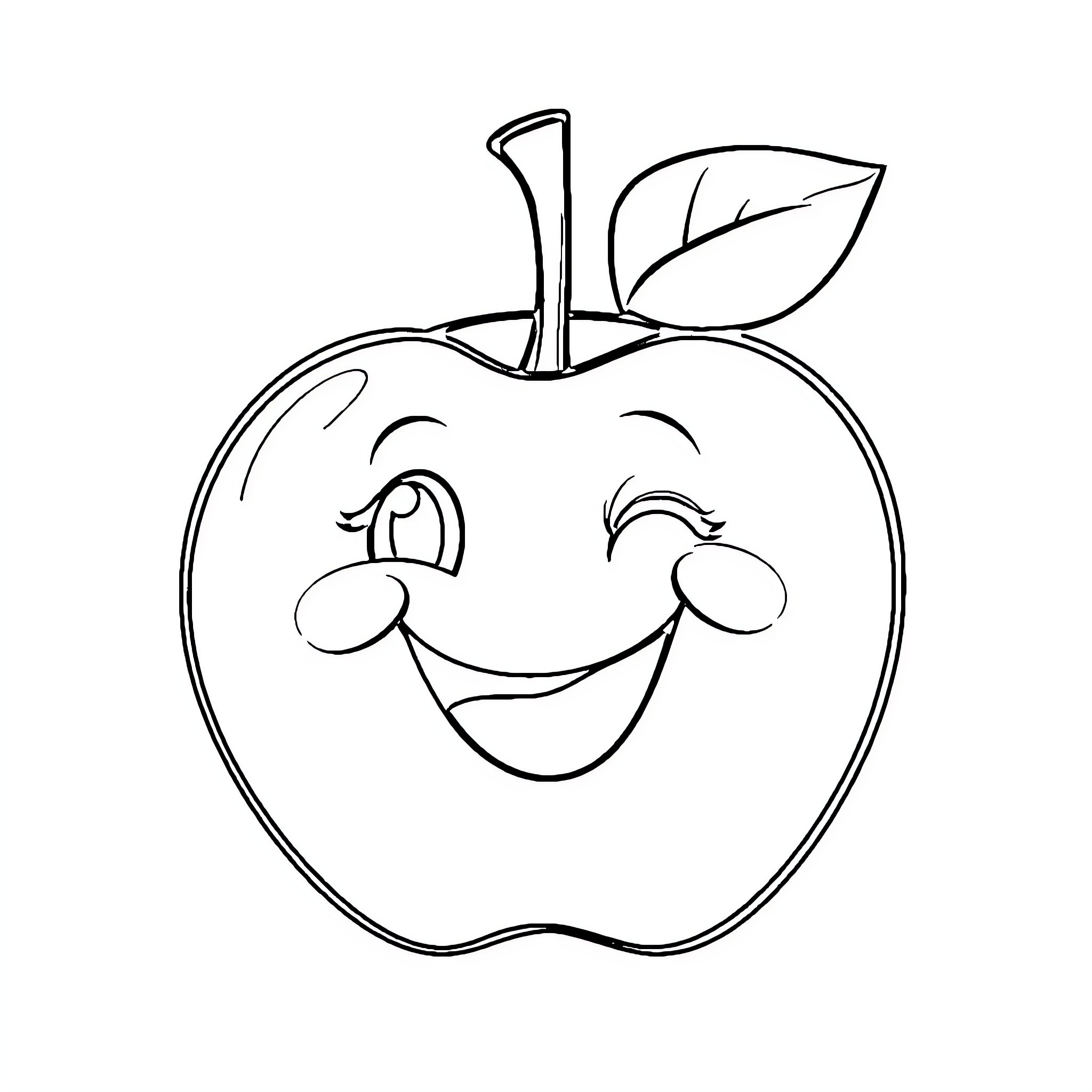Apple with a Smiling Face Coloring Page (free black-and-white line drawing printable PDF for all, from beginners to advanced learners, including children, teens, adults, and seniors)