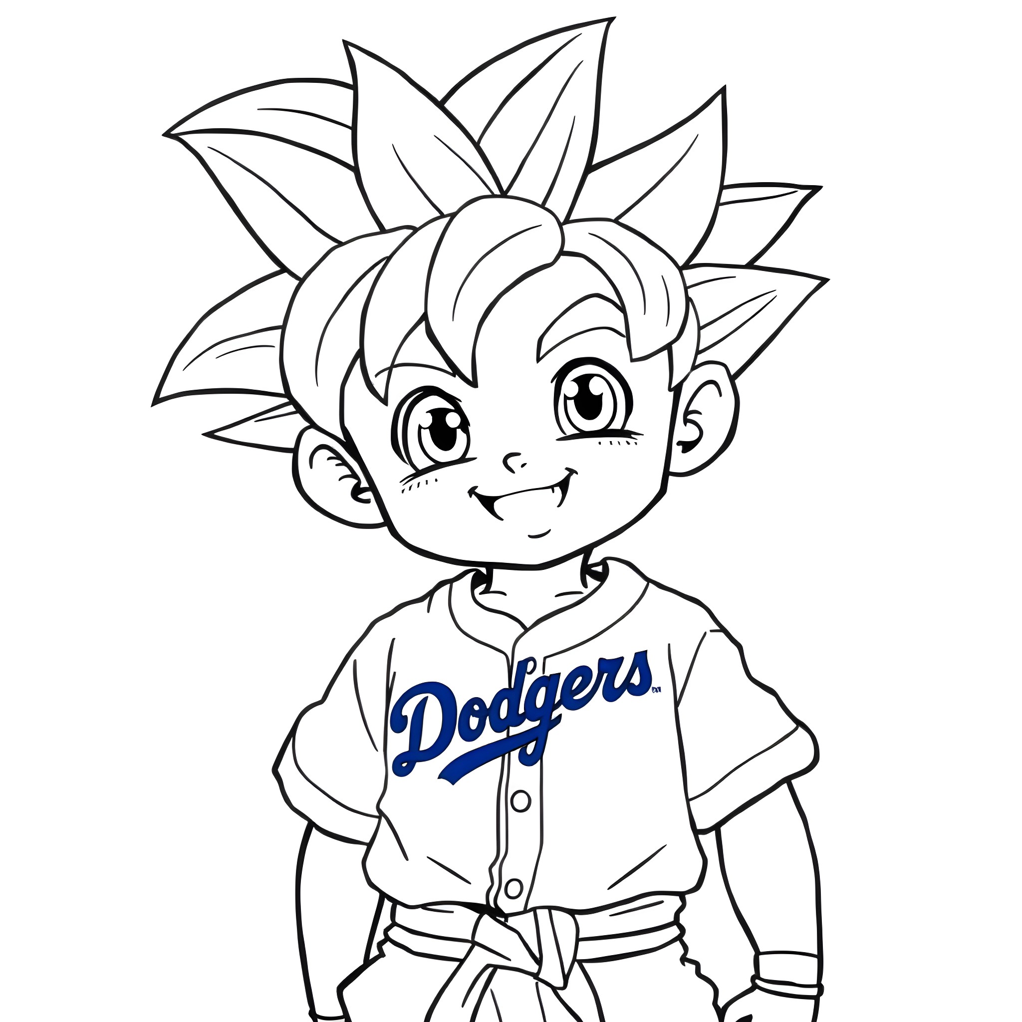 Kid Goku playing baseball in Dodgers uniform Coloring Page (free black-and-white line drawing printable PDF for all, from beginners to advanced learners, including children, teens, adults, and seniors)